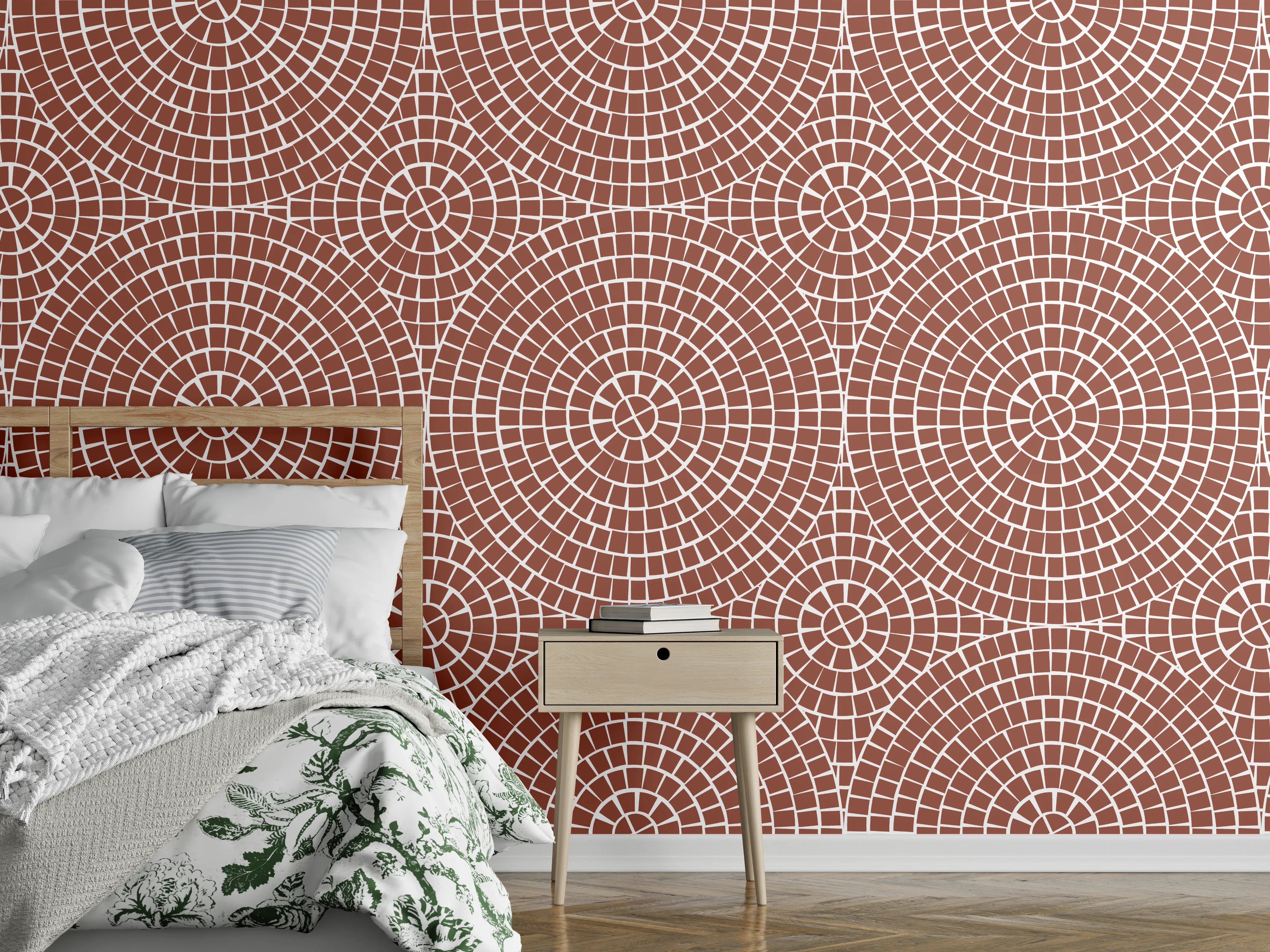 Wandverkleidung Schlafzimmer - Retro-Geometrie in Braun, Grau und Weiß