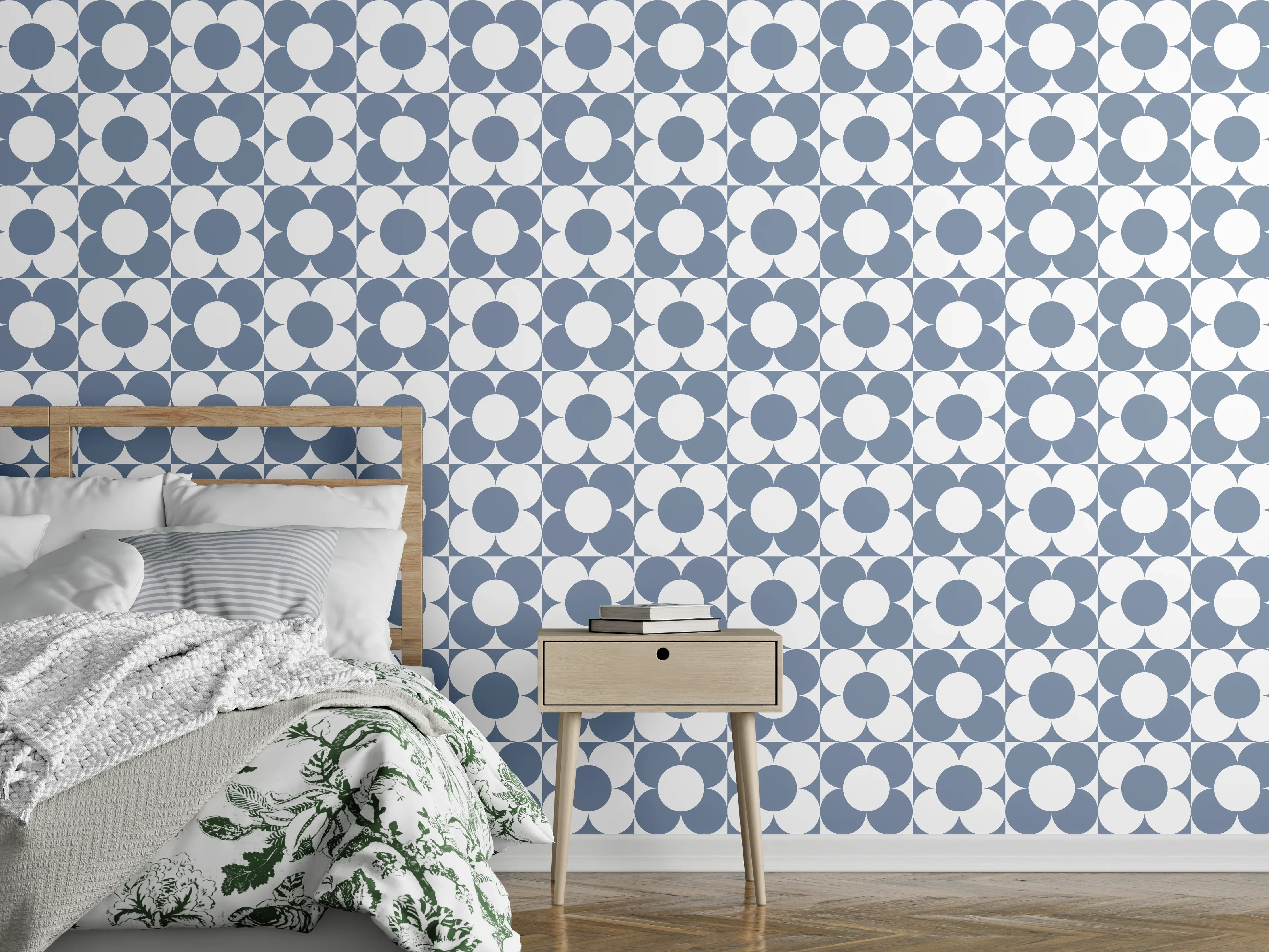 Wandverkleidung Schlafzimmer - Retro-Kreise Muster in Blau-Weiß