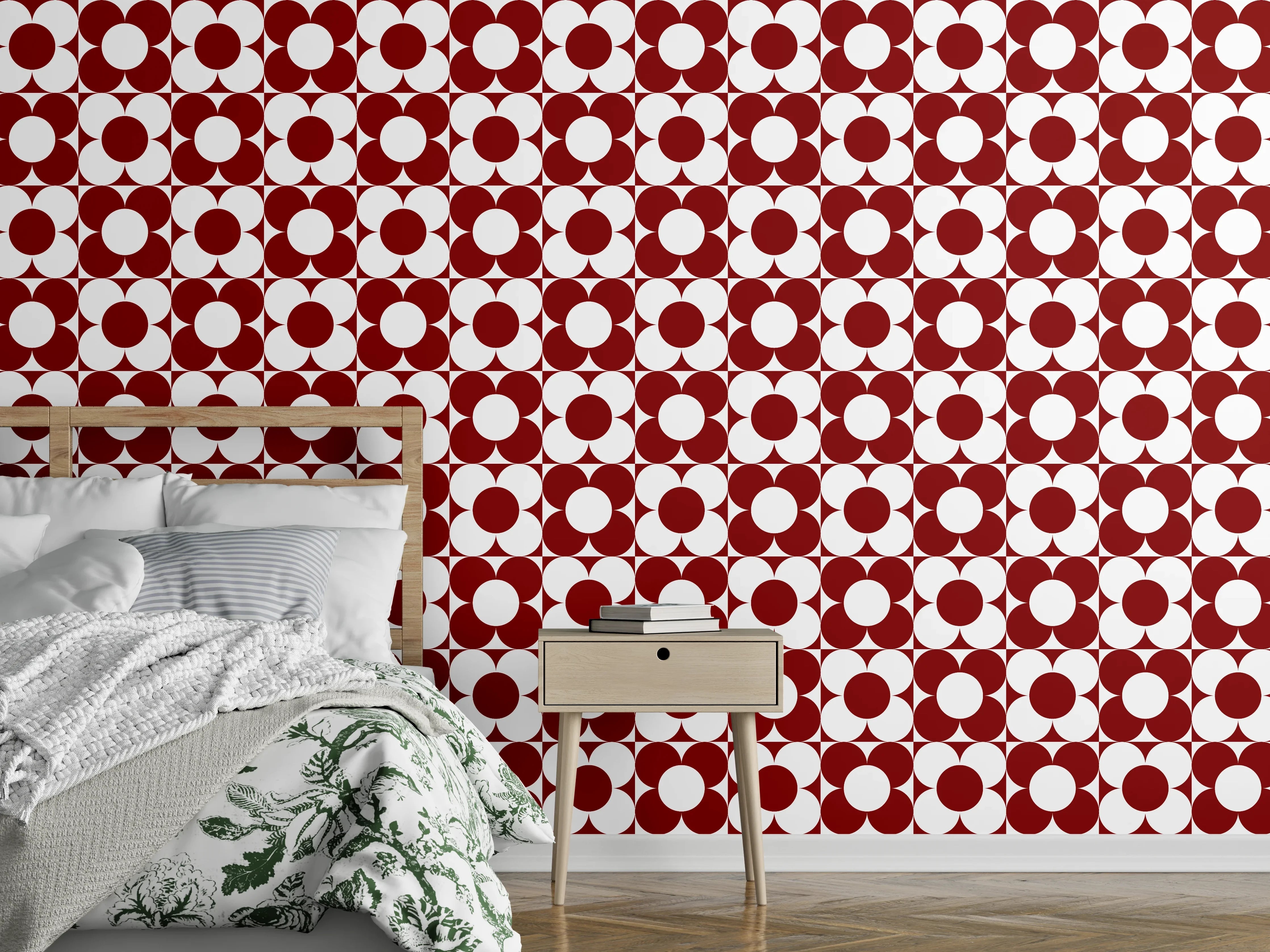 Wandverkleidung Schlafzimmer - Retro-Kreismuster Rot Weiß Tapete
