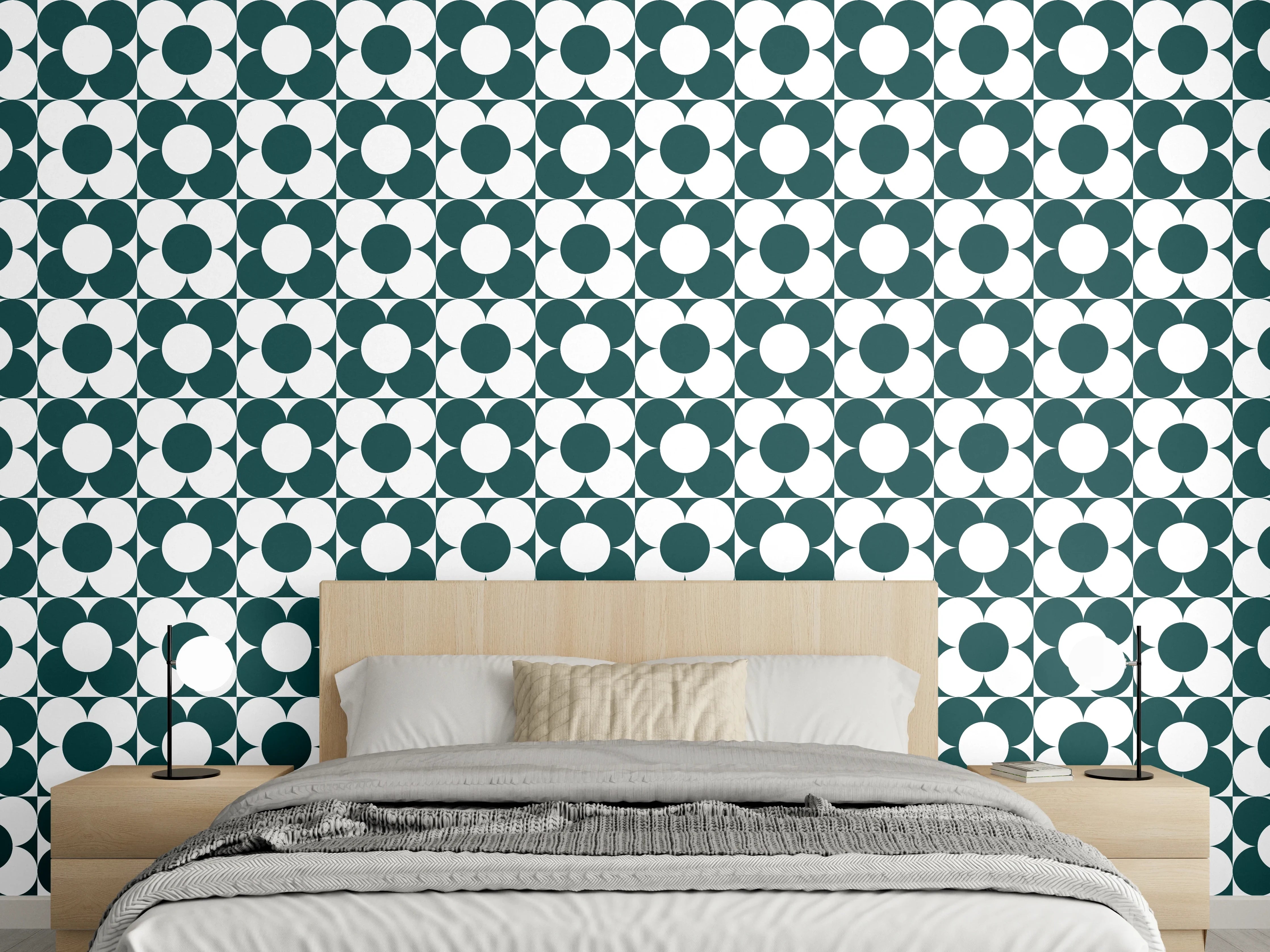 Wandverkleidung Schlafzimmer - Retro Kreismuster Wanddekor Grün-Weiß