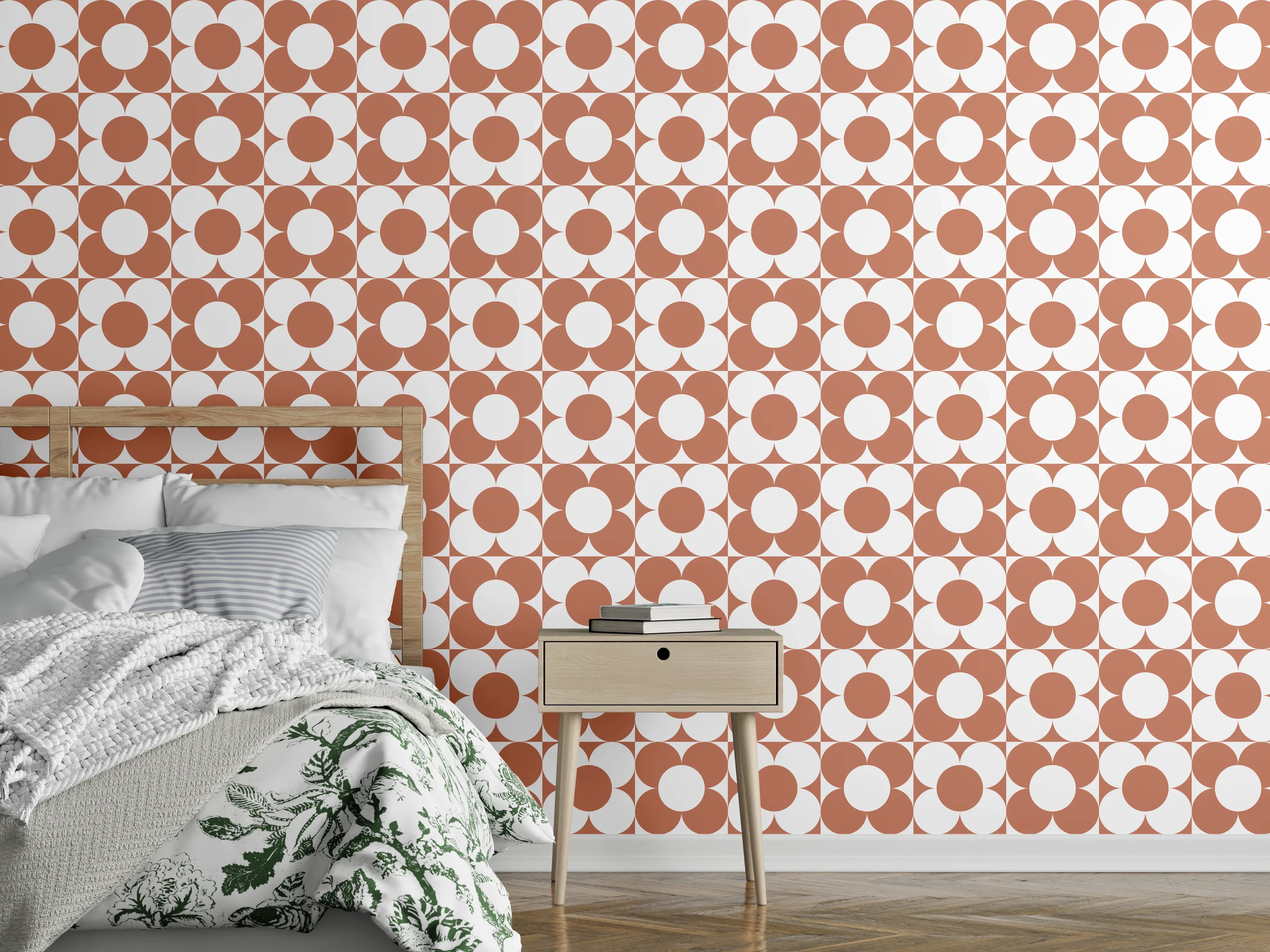 Wandverkleidung Schlafzimmer - Retro Kreismuster Ziegelrot Weiß