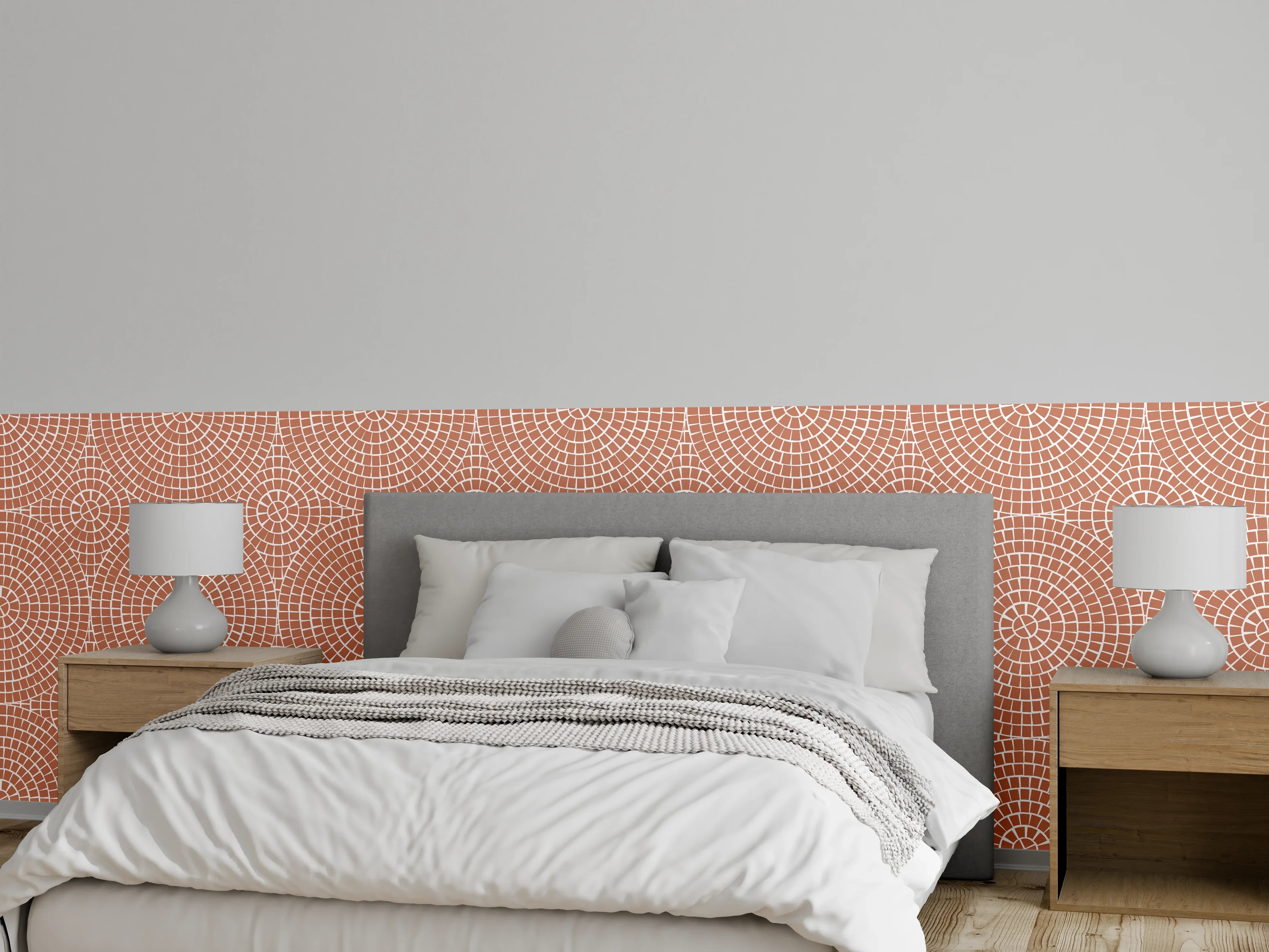 Wandverkleidung Schlafzimmer - Retro Kreismuster in Ziegelrot-Weiß