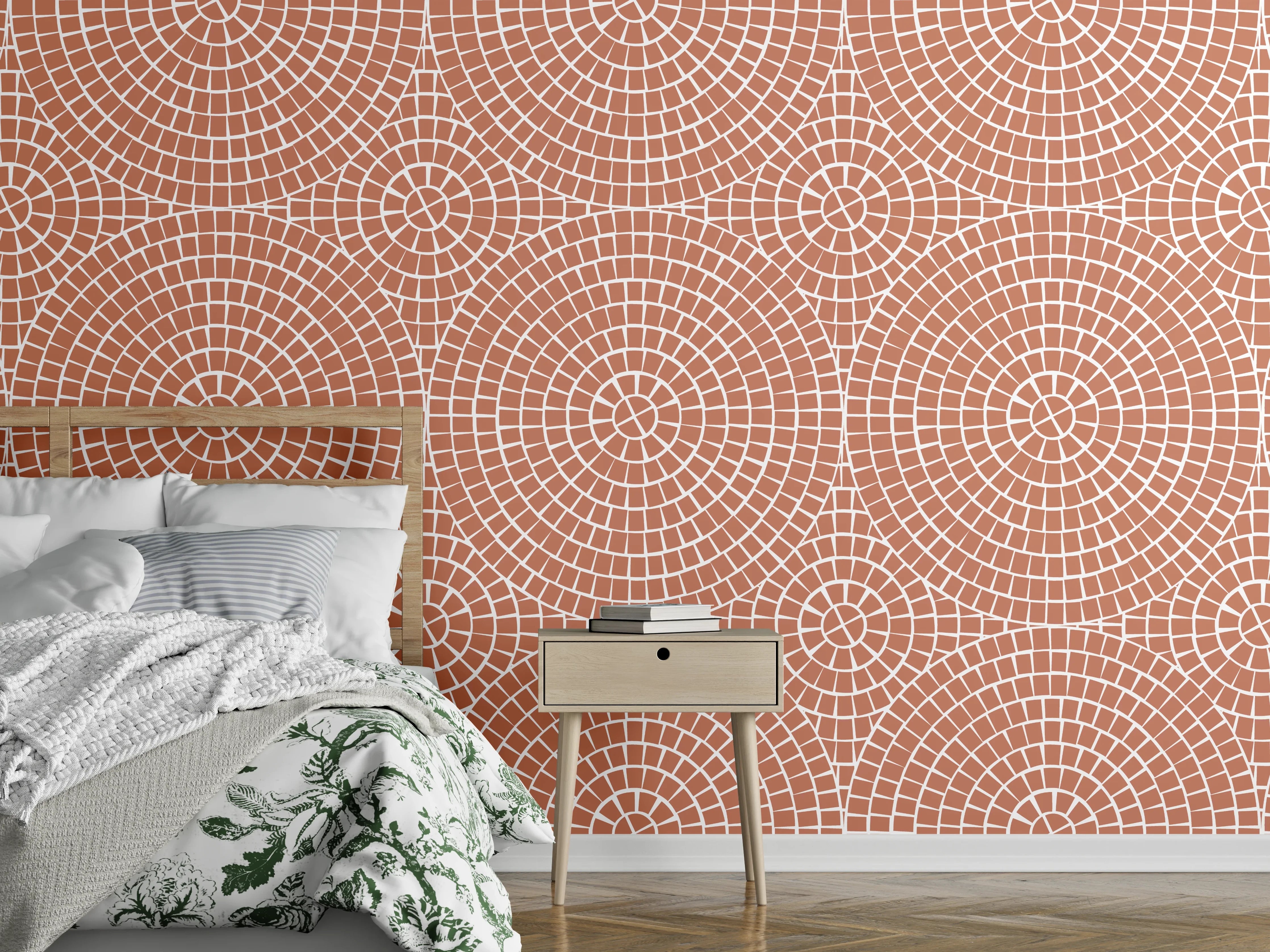 Wandverkleidung Schlafzimmer - Retro Kreismuster in Ziegelrot-Weiß