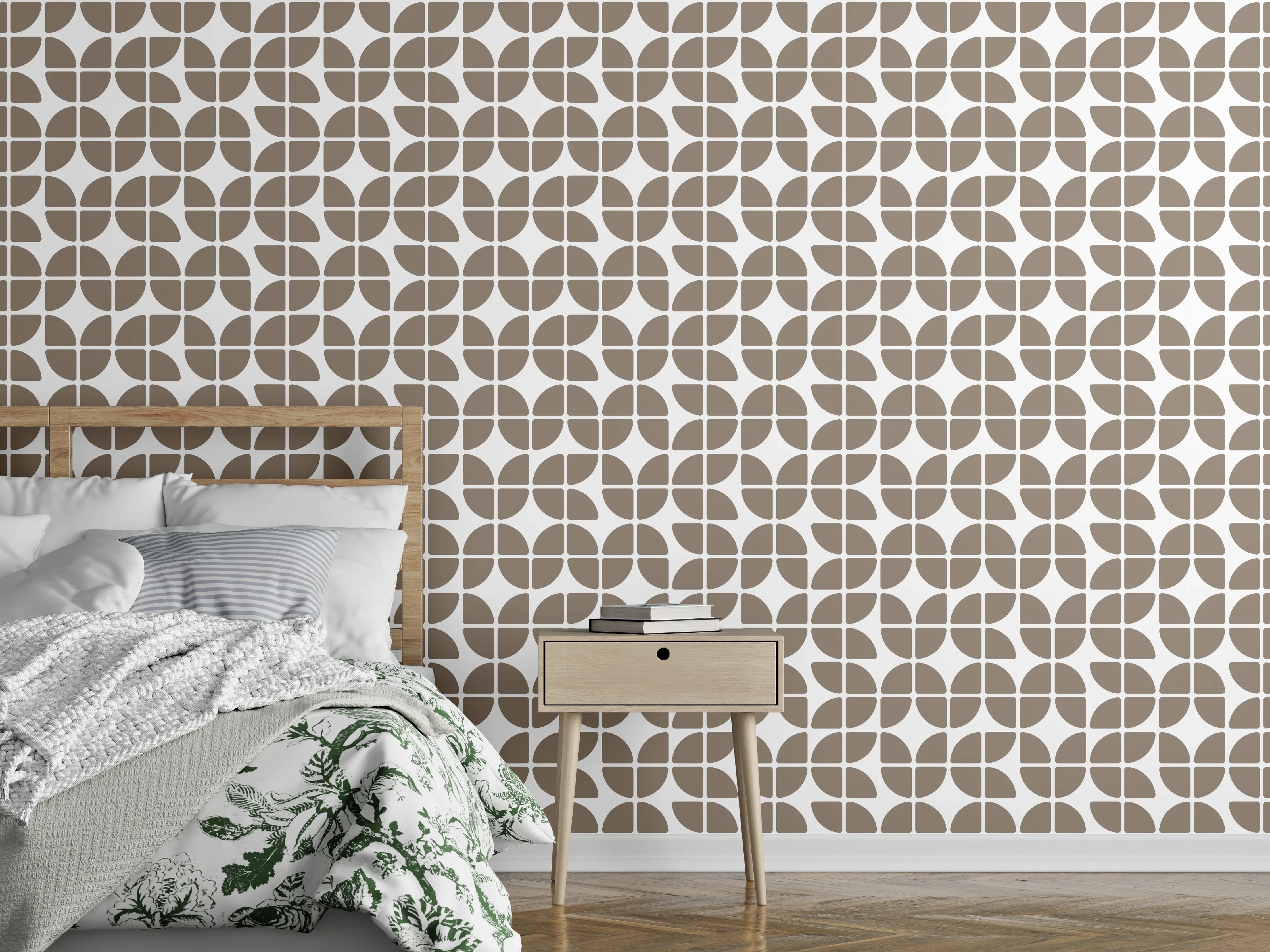 Wandverkleidung Schlafzimmer - Retro Muster Braun Weiß Geometrisch
