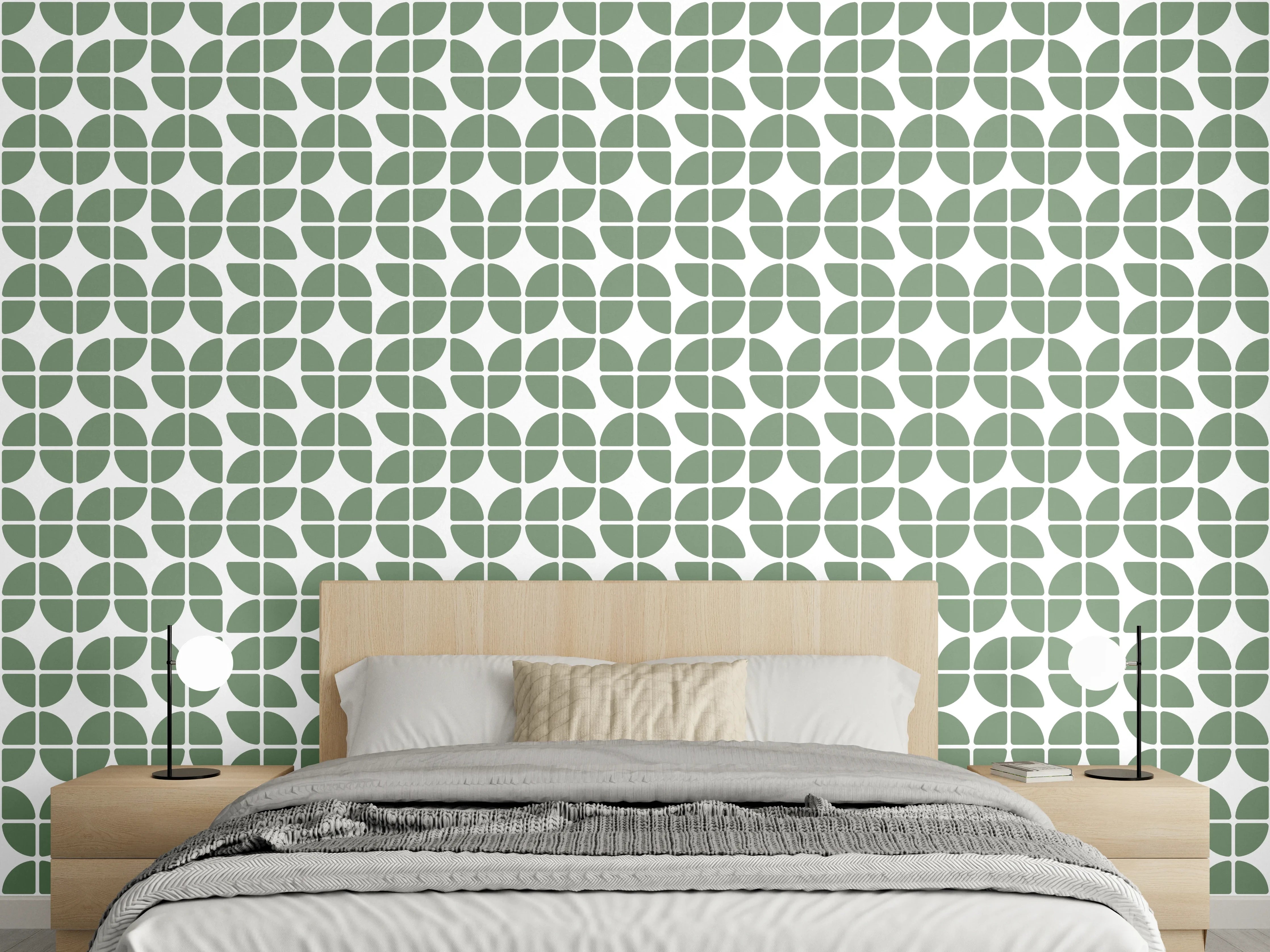 Wandverkleidung Schlafzimmer - Retro-Muster Tapete grün-weiß geometrisch