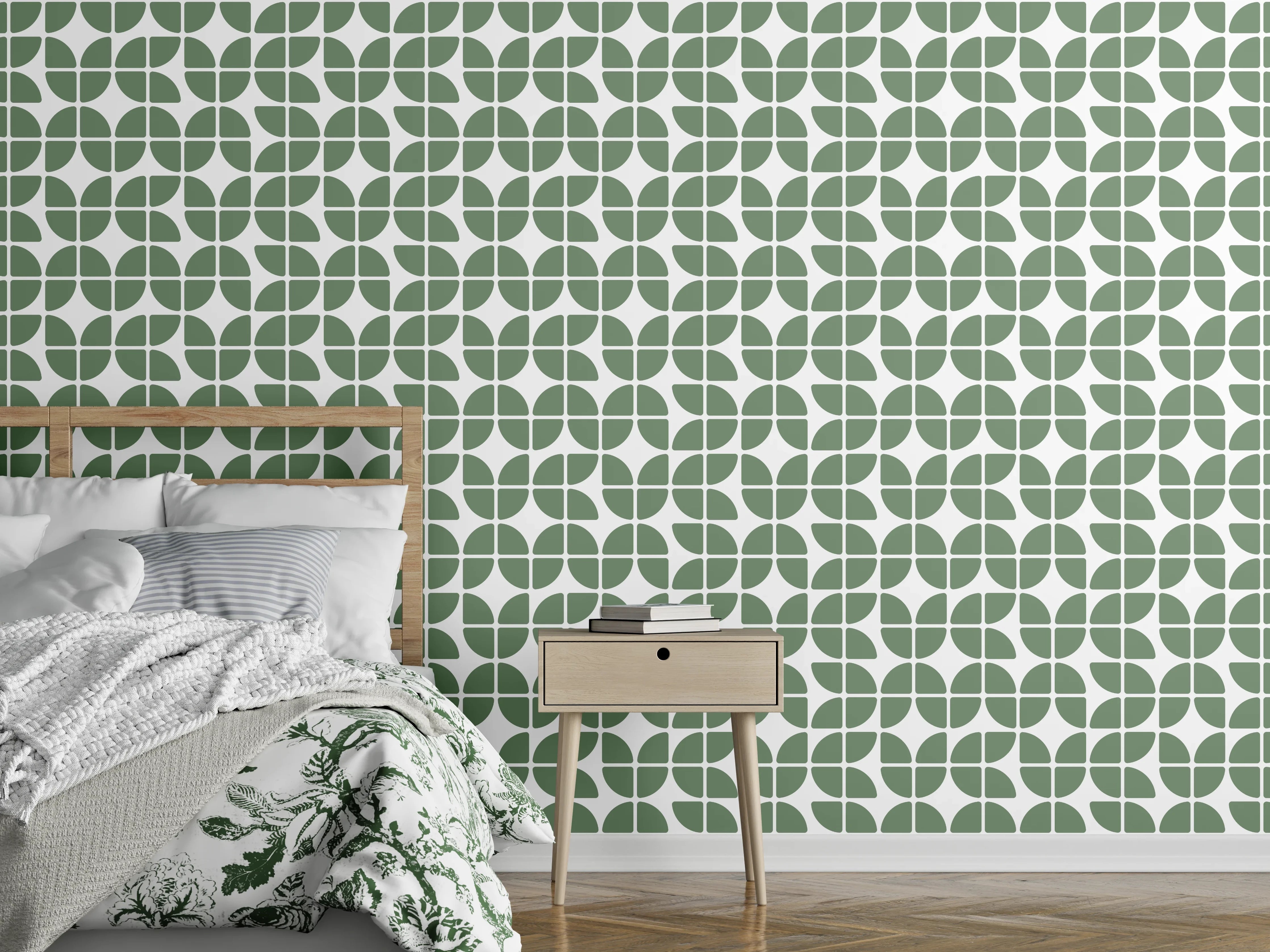 Wandverkleidung Schlafzimmer - Retro-Muster Tapete grün-weiß geometrisch