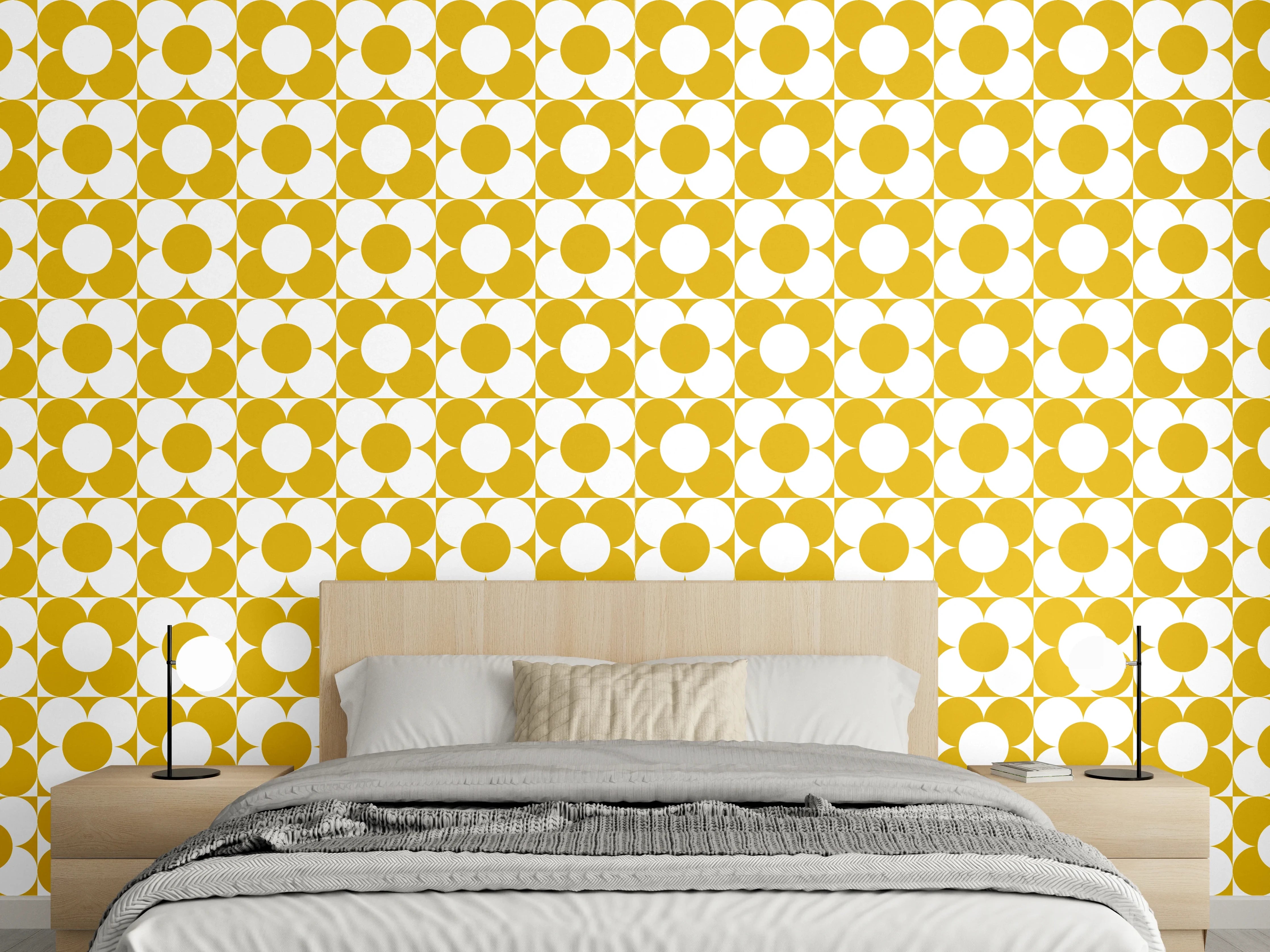 Wandverkleidung Schlafzimmer - Retro-Muster in Gelb-Weiß-Optik