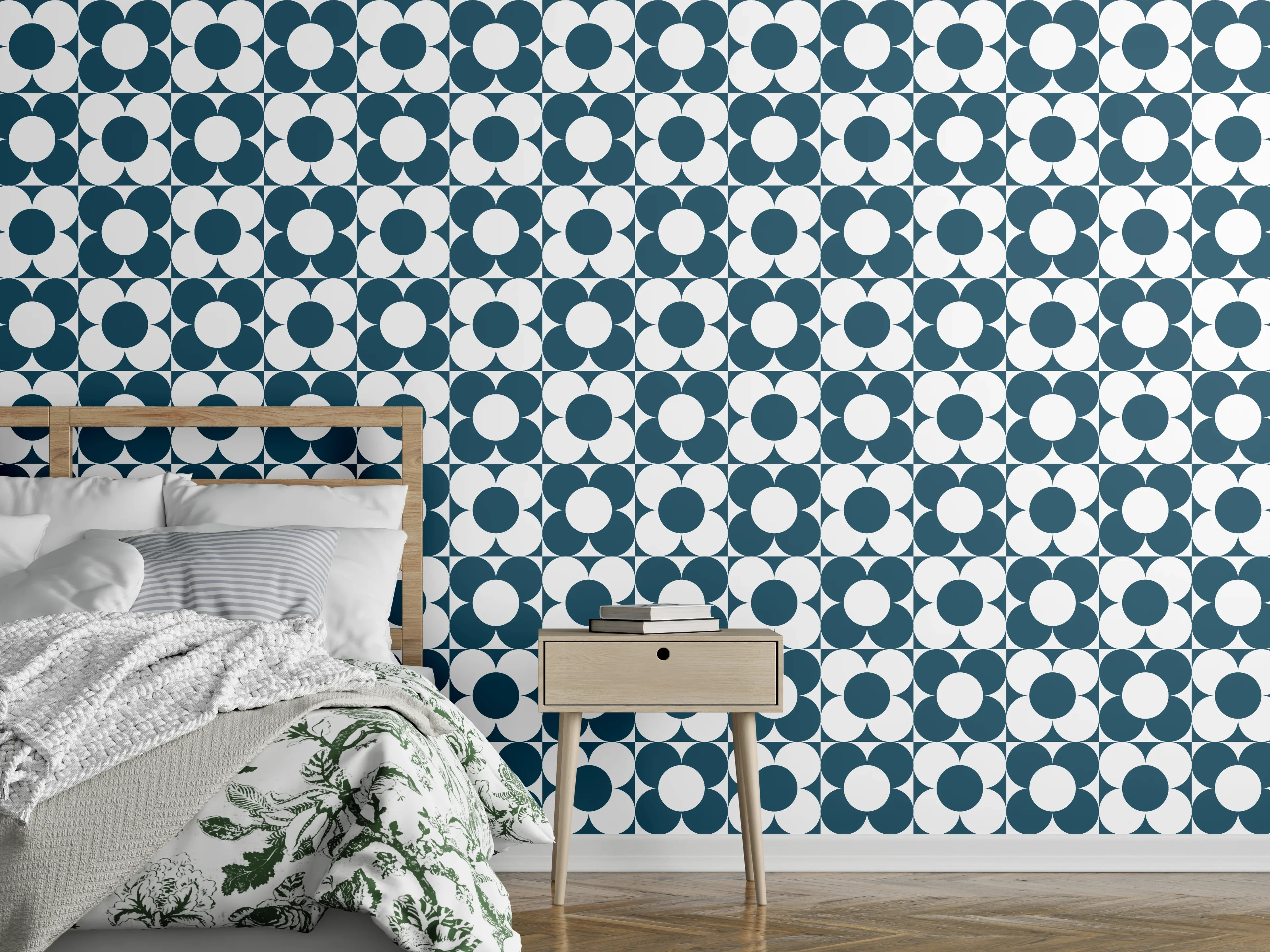 Wandverkleidung Schlafzimmer - Retro-Muster: Blau-weiße Kreise