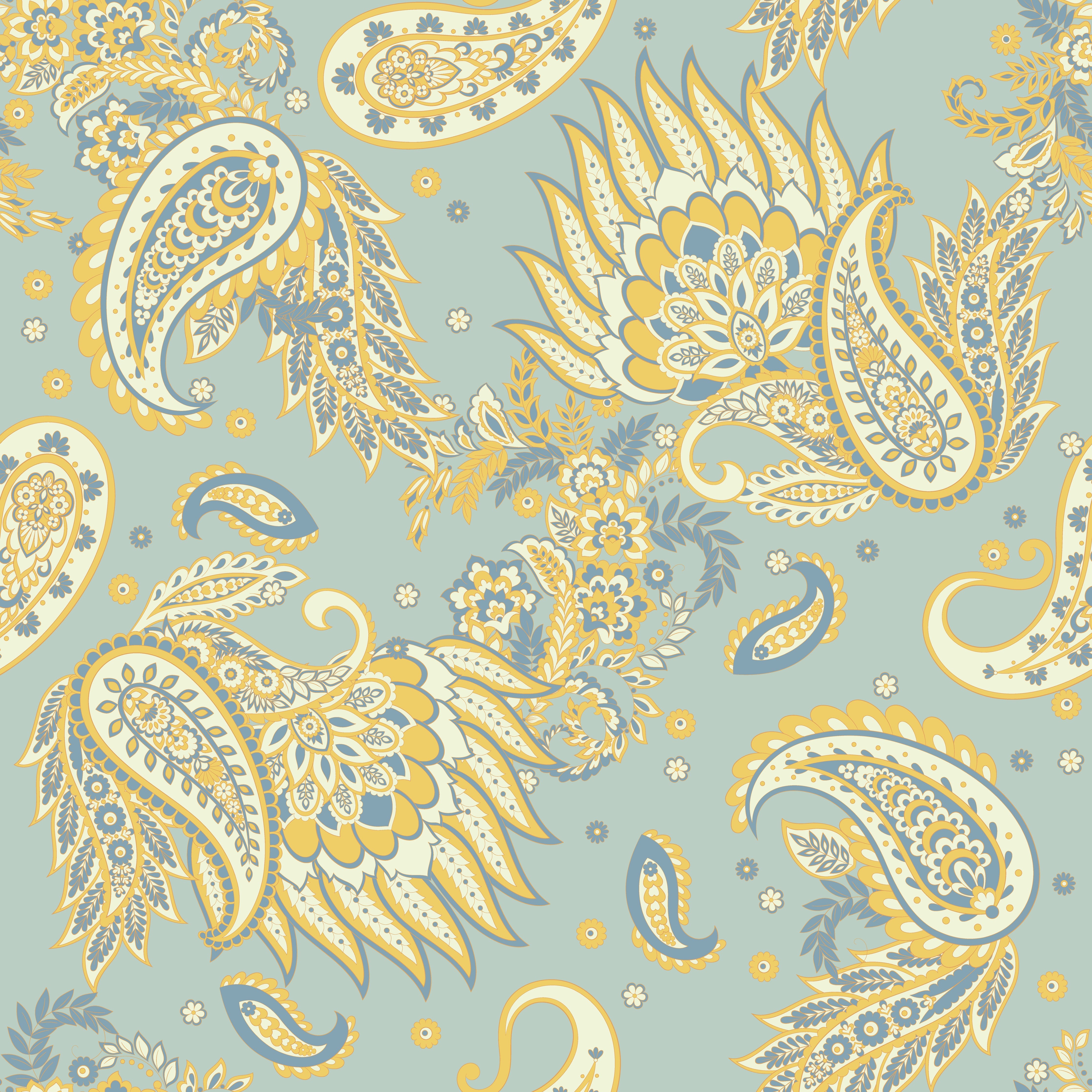 Wandverkleidung Schlafzimmer-Retro Paisley Muster Türkis Gelb Grau