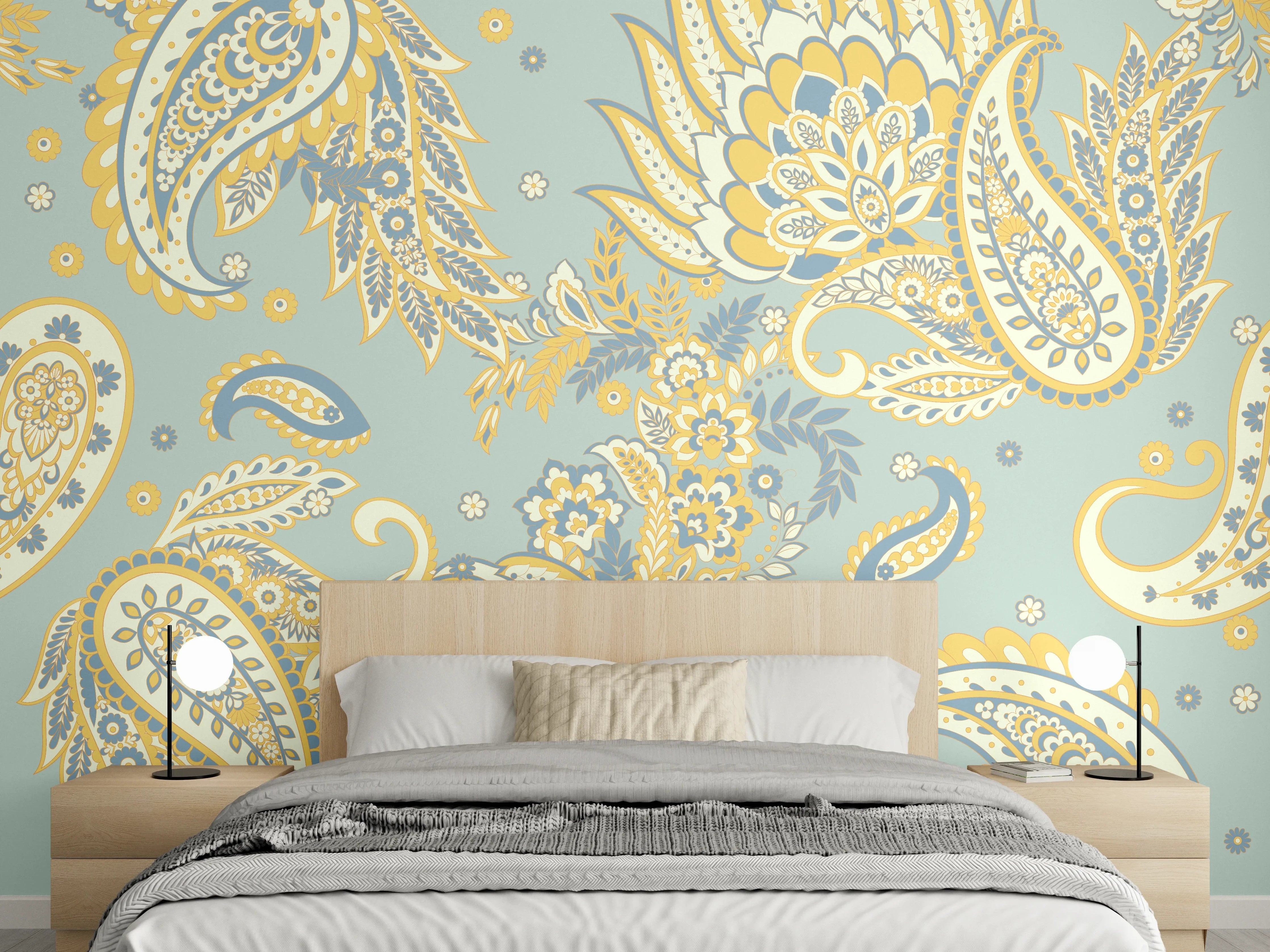 Wandverkleidung Schlafzimmer - Retro Paisley Muster Türkis Gelb Grau