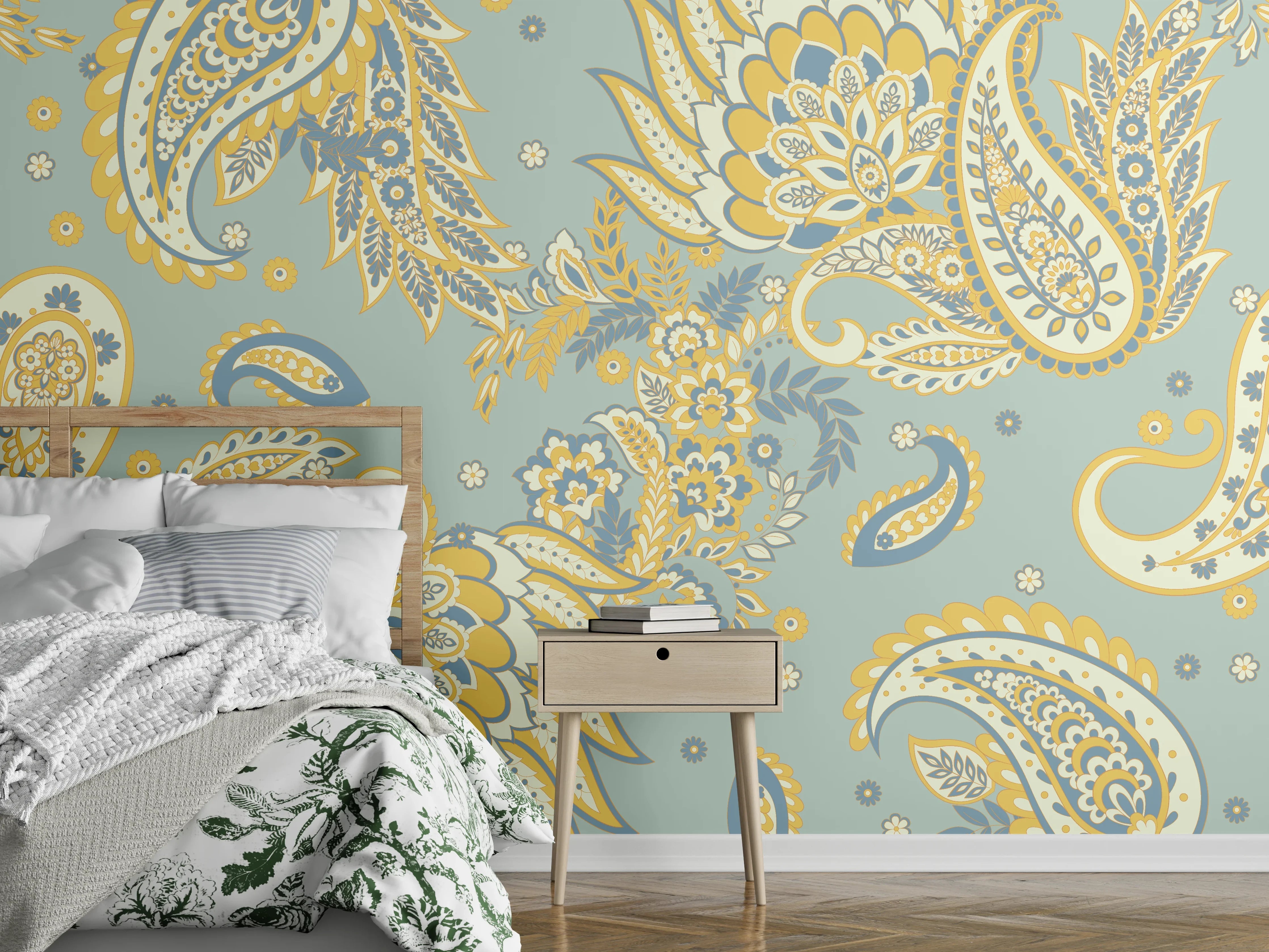 Wandverkleidung Schlafzimmer - Retro Paisley Muster Türkis Gelb Grau