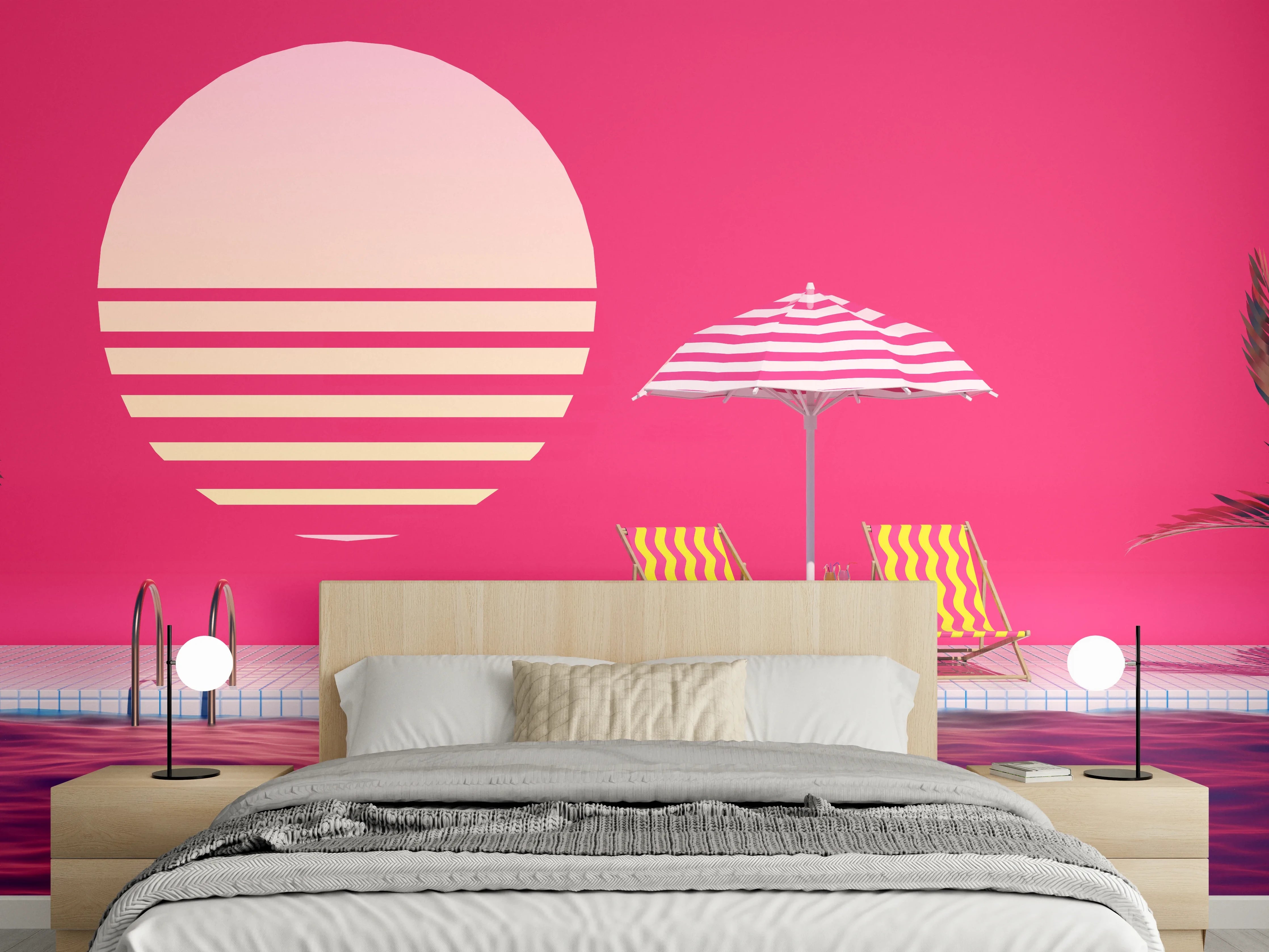 Wandverkleidung Schlafzimmer - Retro Sonnenuntergang Pool Ästhetik