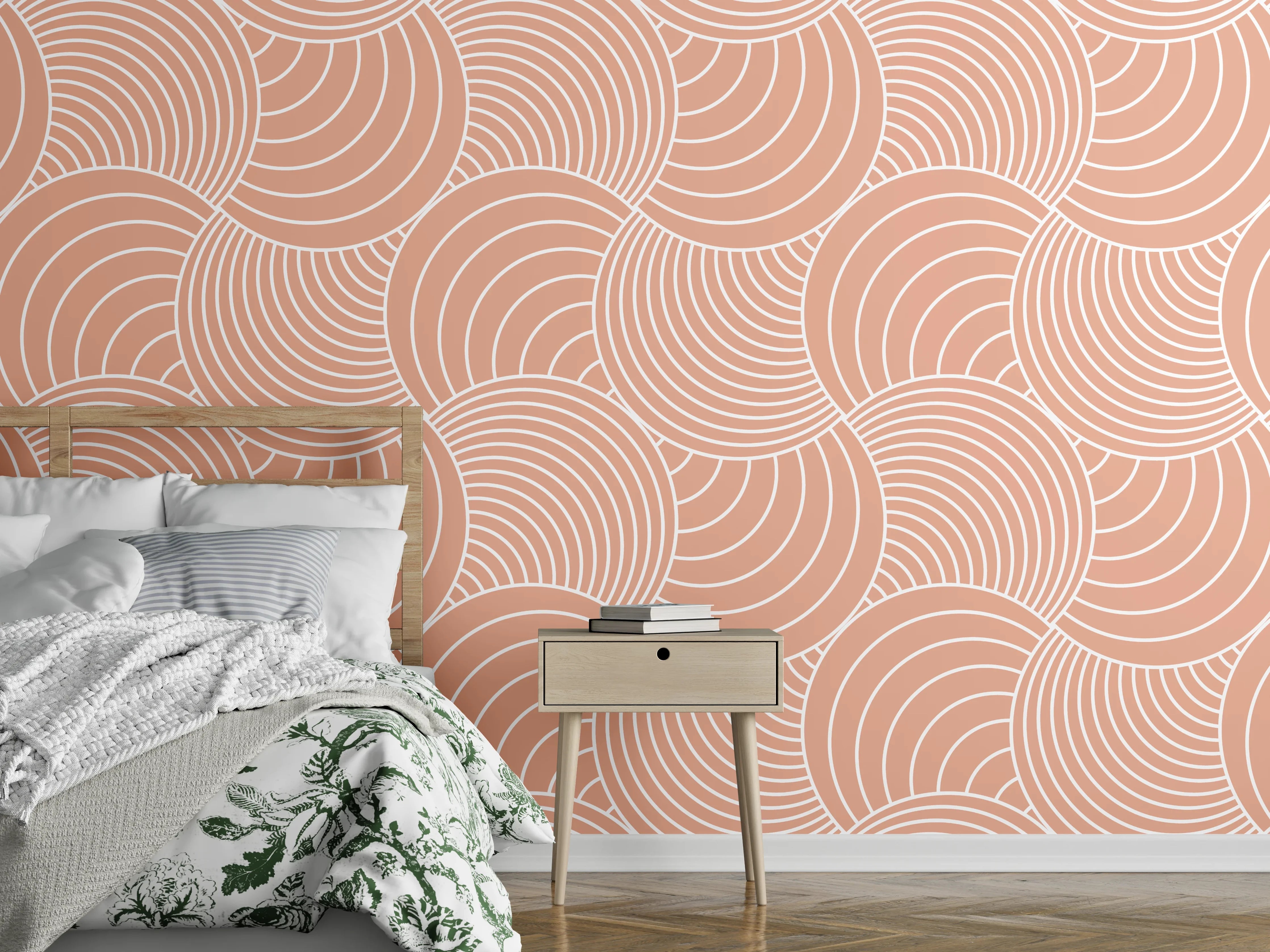 Wandverkleidung Schlafzimmer - Retro Wellenmuster in Beige und Rosa