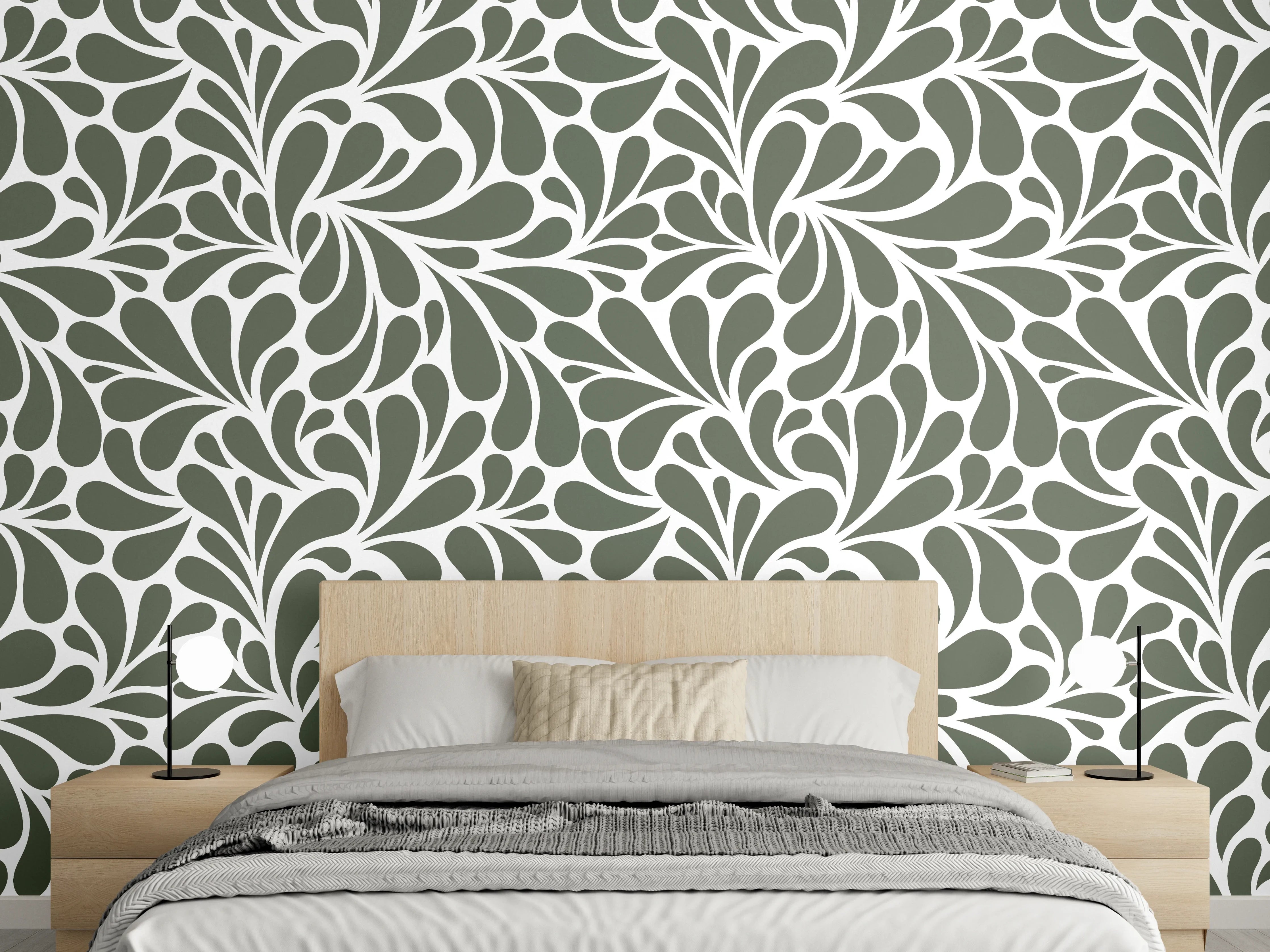 Wandverkleidung Schlafzimmer - Retro florales Ornamentmuster grün-weiß