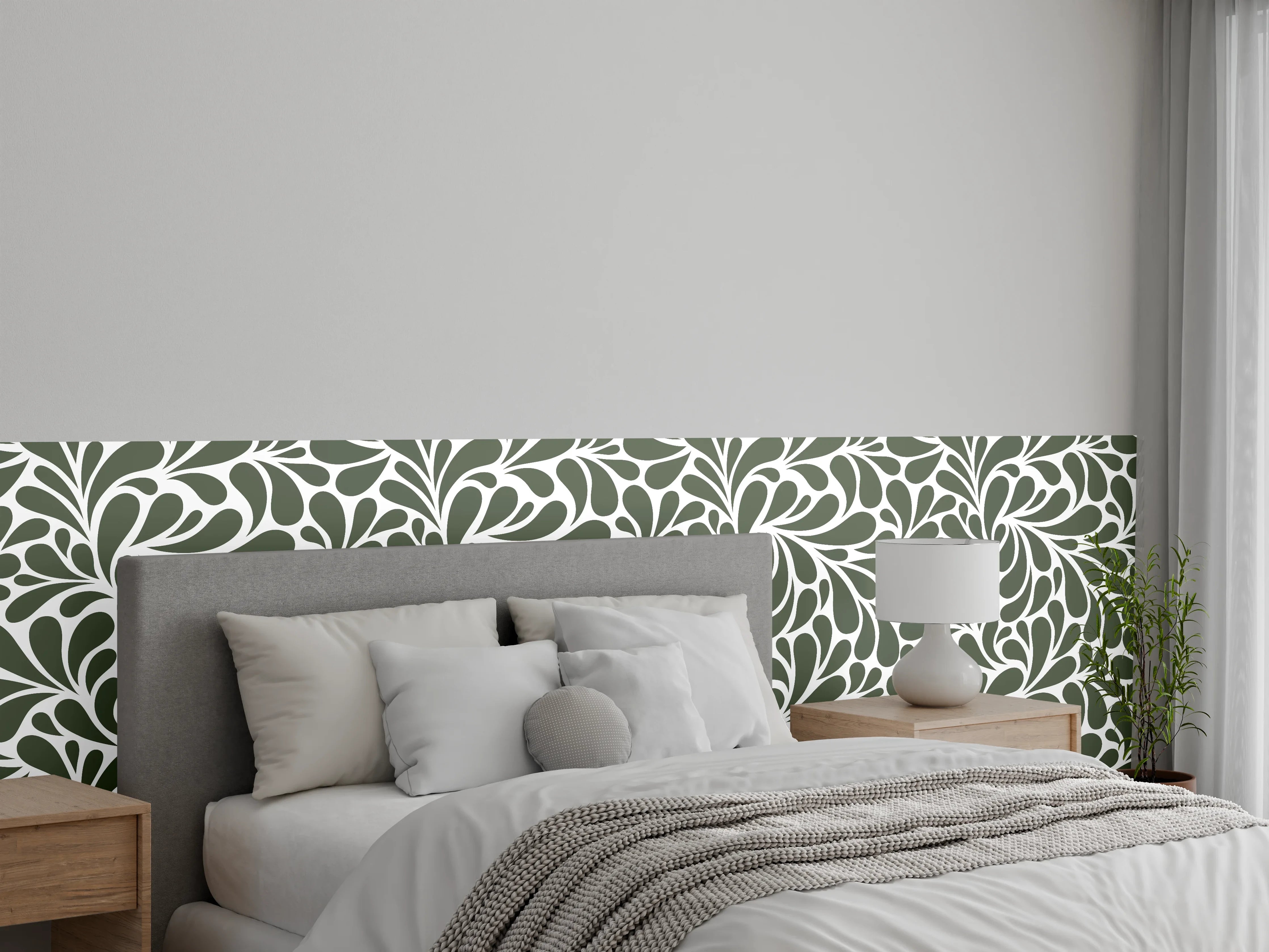 Wandverkleidung Schlafzimmer - Retro florales Ornamentmuster grün-weiß