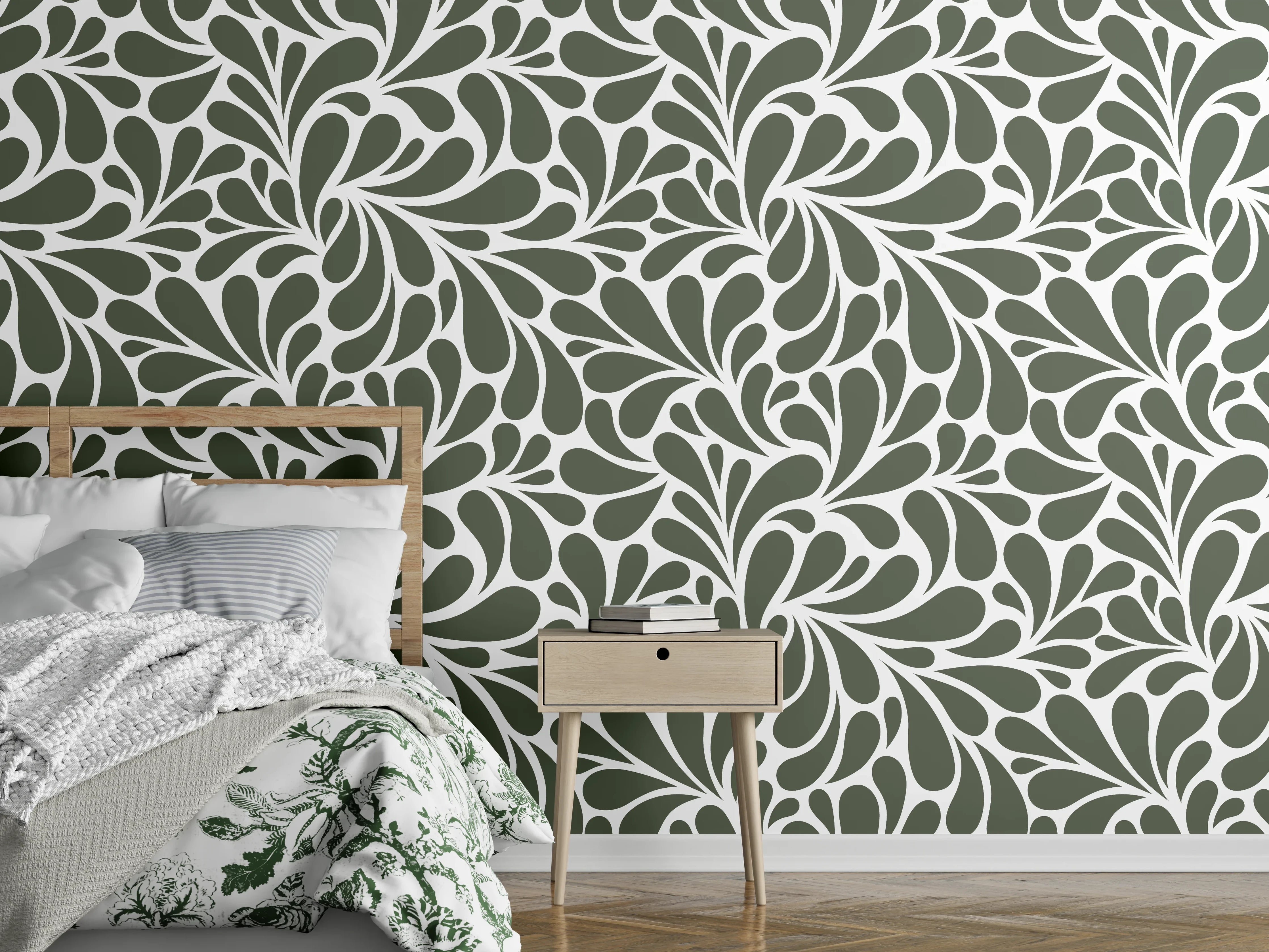 Wandverkleidung Schlafzimmer - Retro florales Ornamentmuster grün-weiß