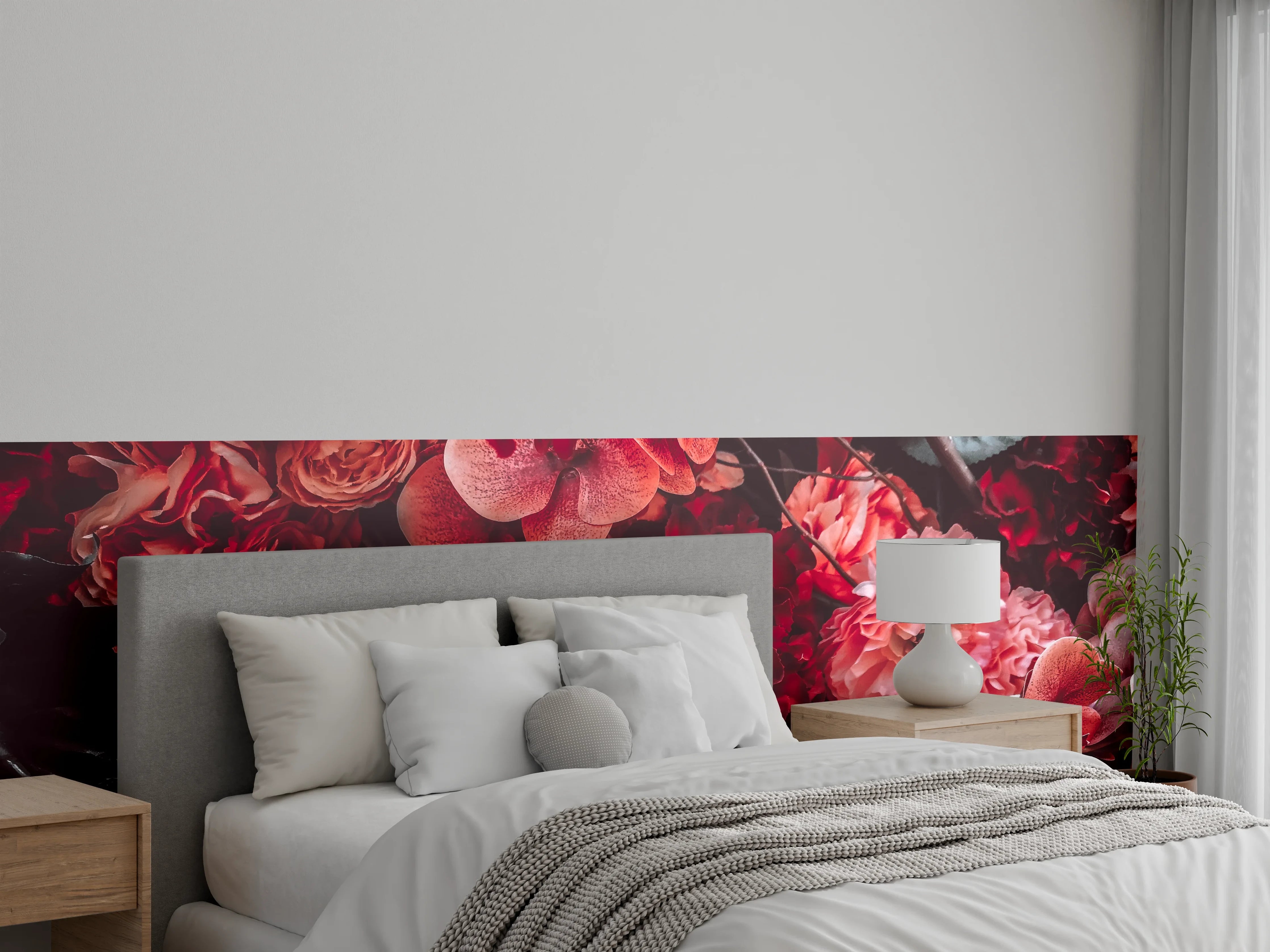 Wandverkleidung Schlafzimmer - Romantische Blumenpracht in Rosa & Rot
