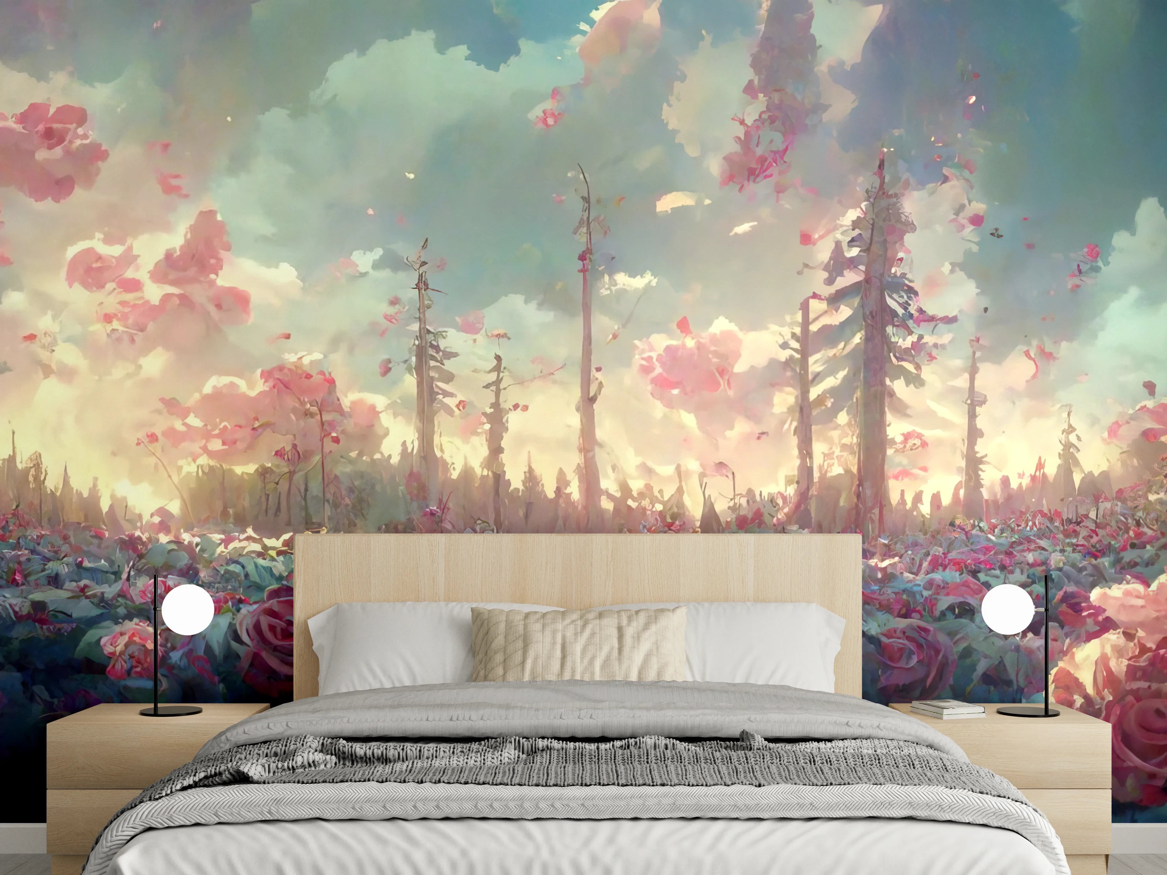 Wandverkleidung Schlafzimmer - Romantische Blumenwiese mit Rosen