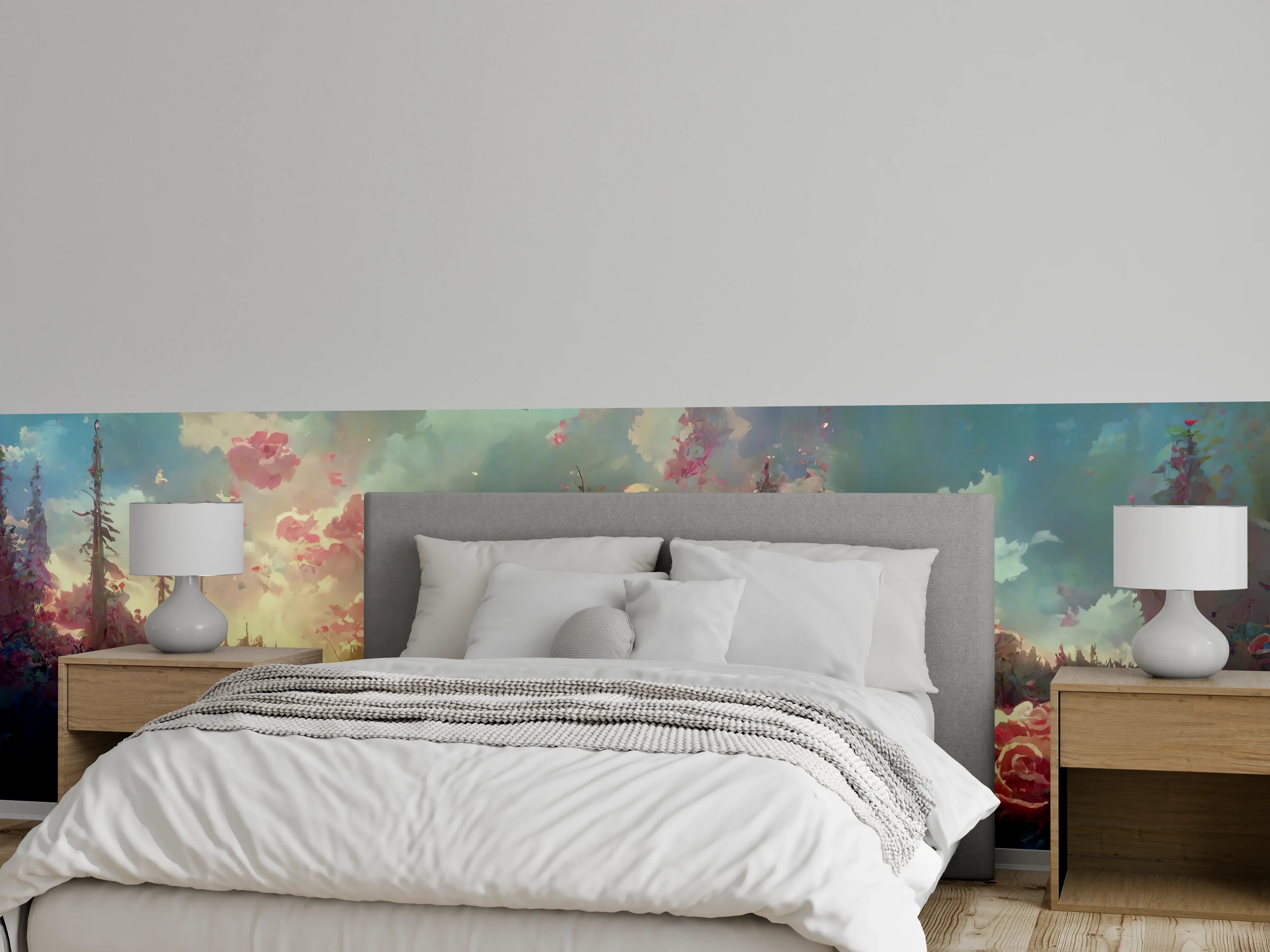 Wandverkleidung Schlafzimmer - Romantische Blumenwiese mit Rosen