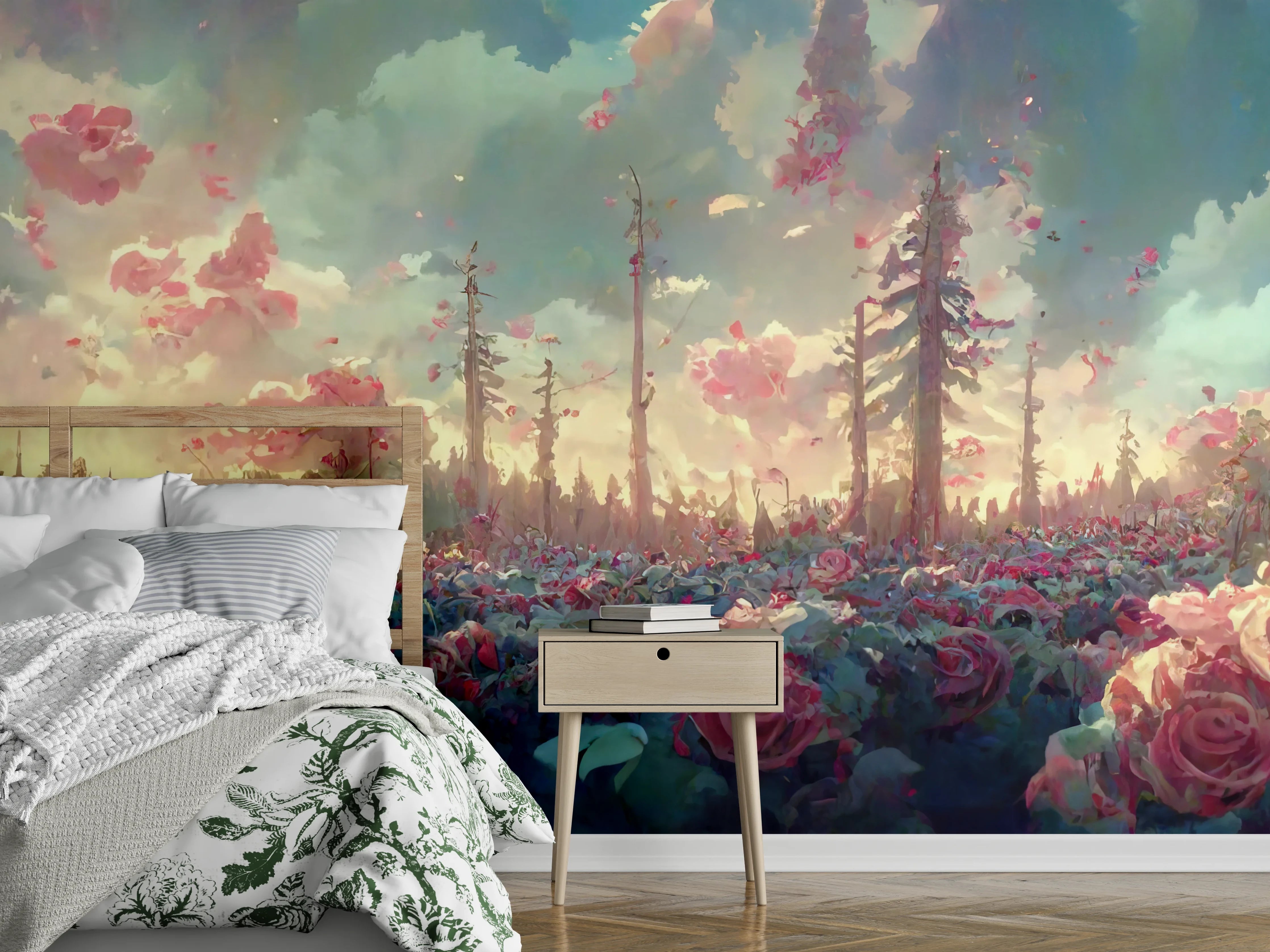 Wandverkleidung Schlafzimmer - Romantische Blumenwiese mit Rosen