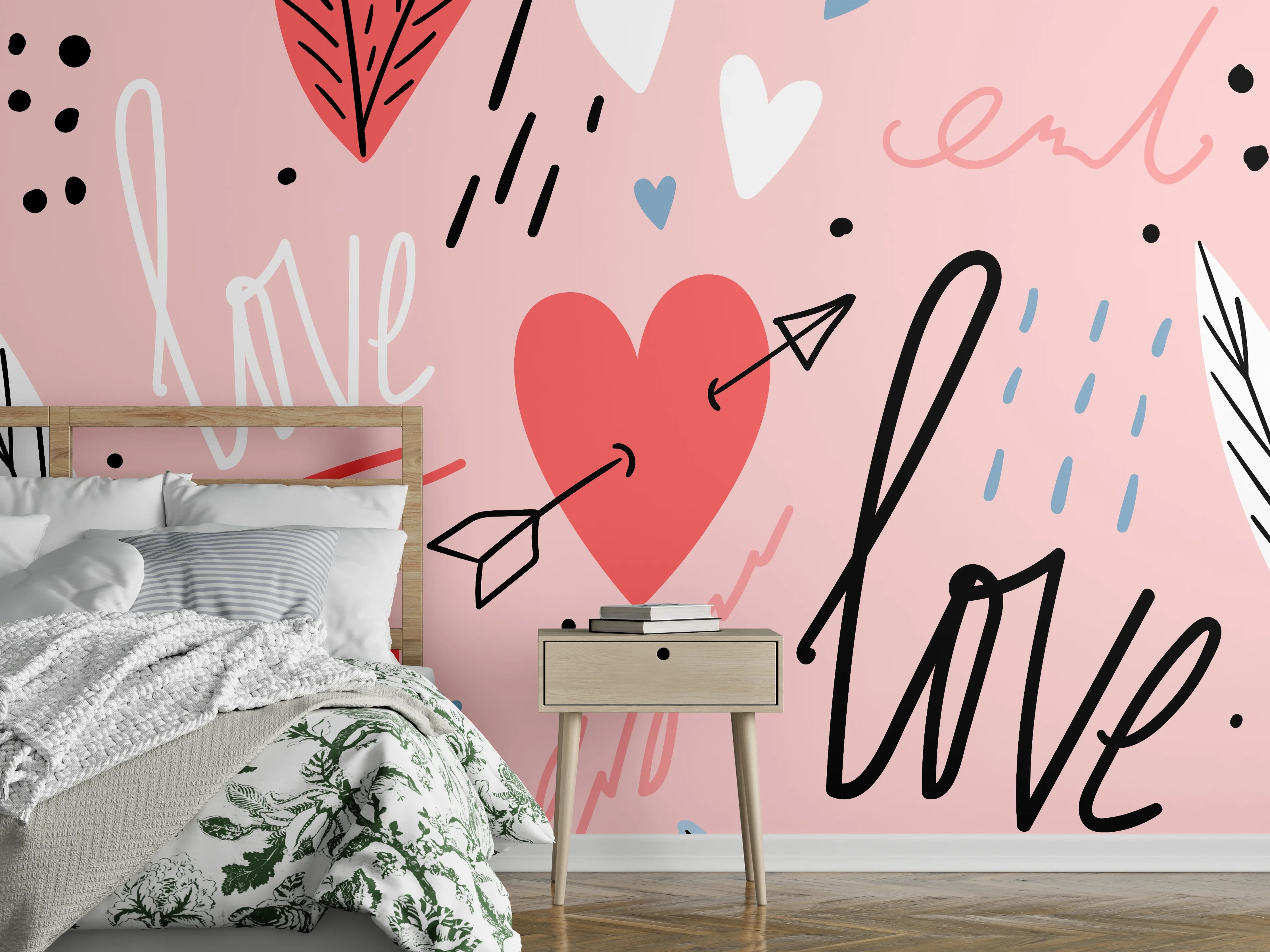 Wandverkleidung Schlafzimmer - Romantische Herzen Illustration Love Rosa