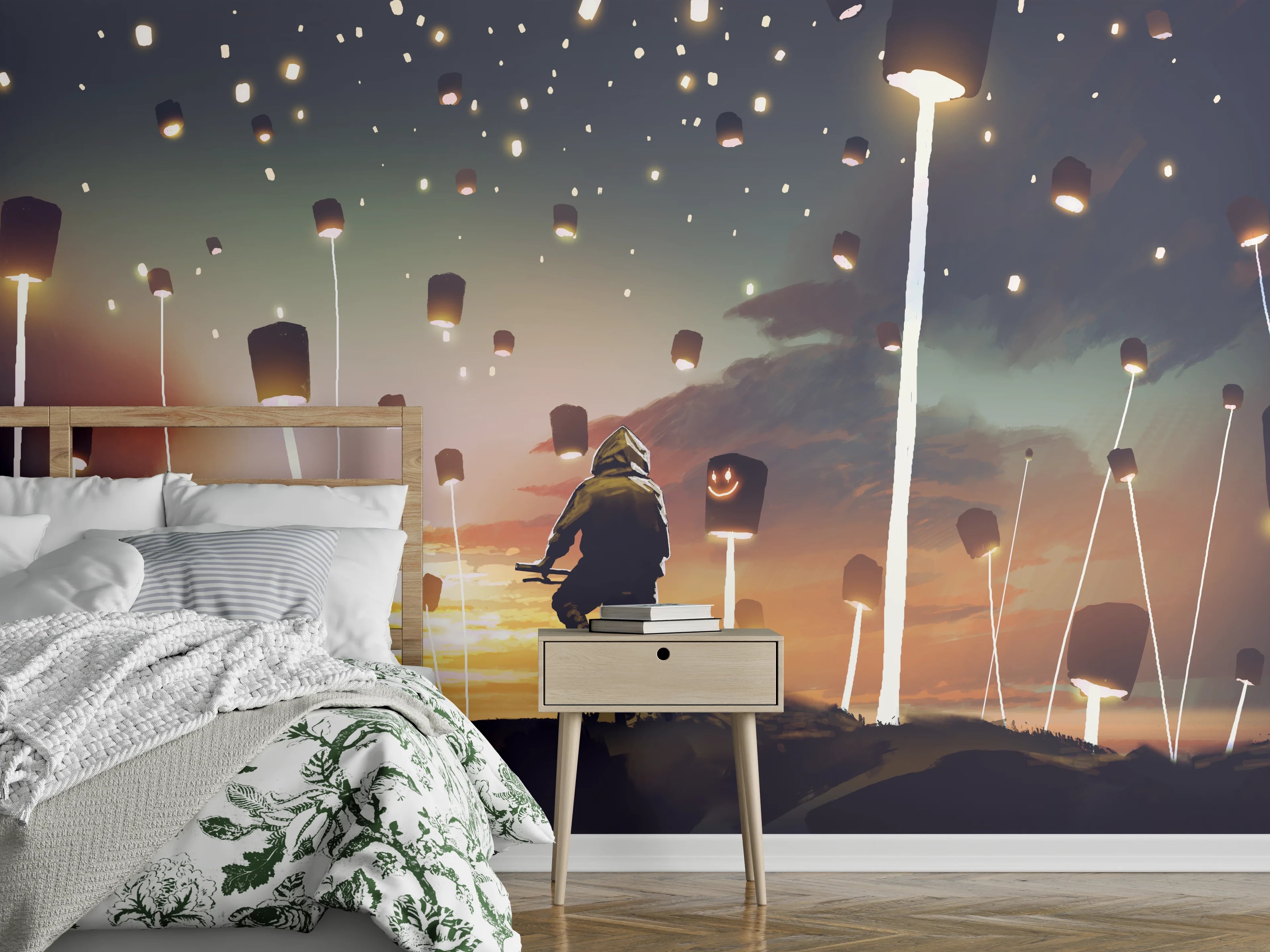 Wandverkleidung Schlafzimmer - Romantische Himmelslaternen bei Sonnenuntergang