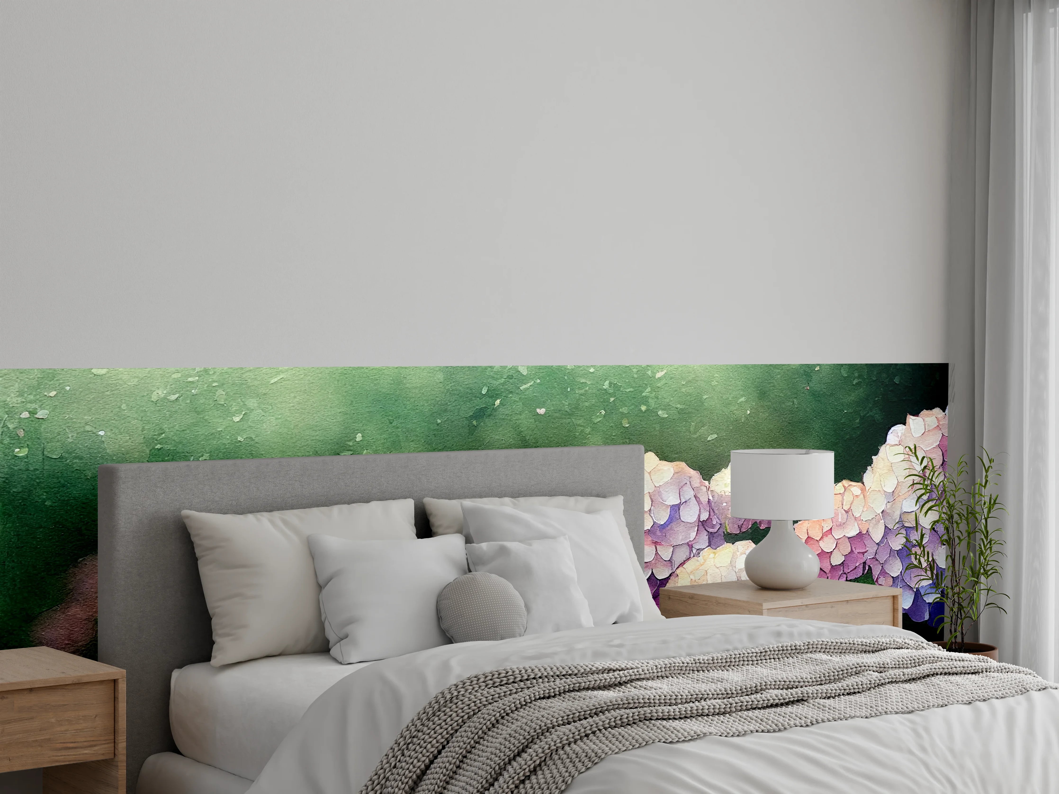 Wandverkleidung Schlafzimmer - Romantische Hortensienblüten im Morgenlicht