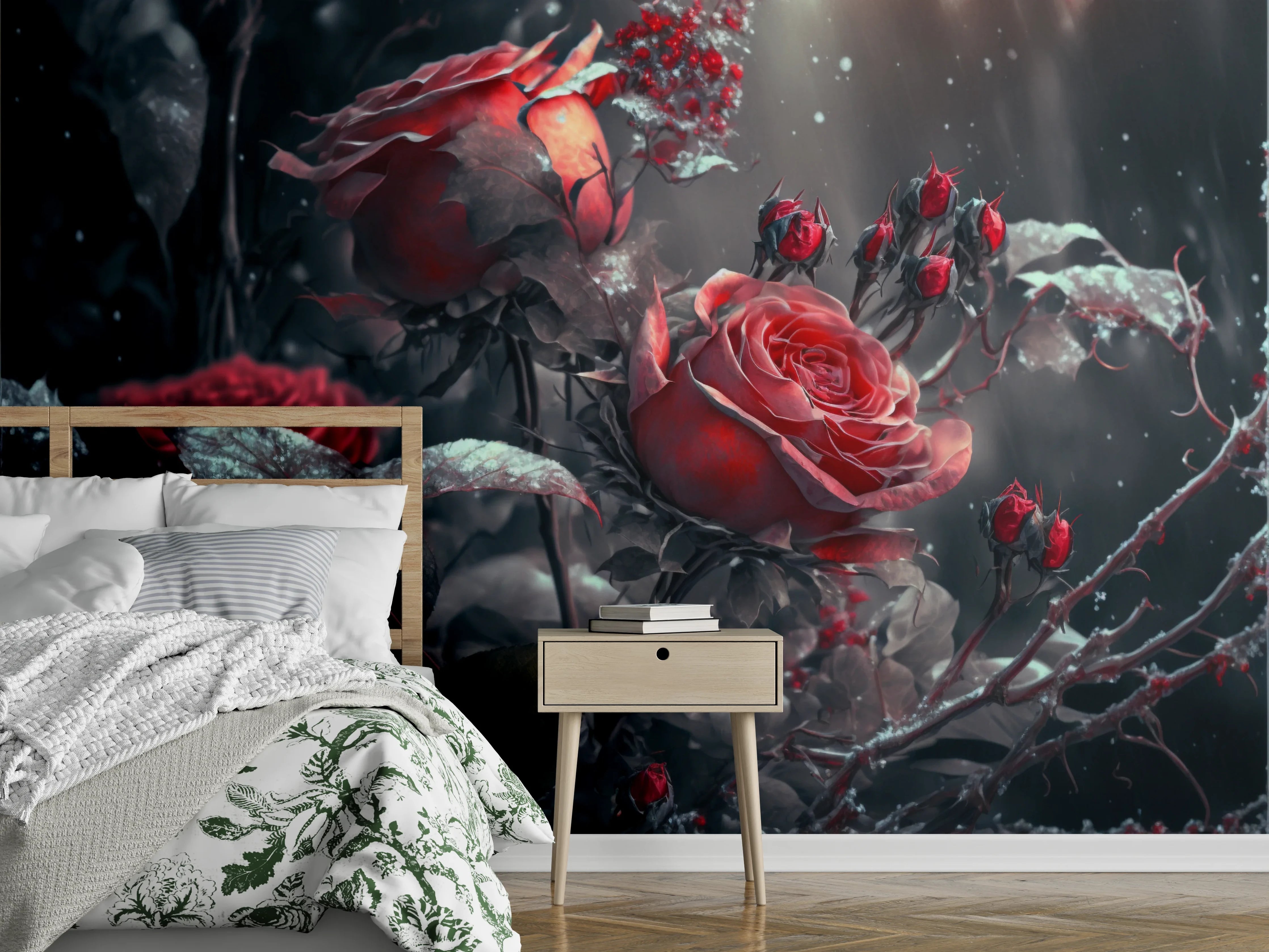 Wandverkleidung Schlafzimmer - Romantische Rosen im Winterlicht