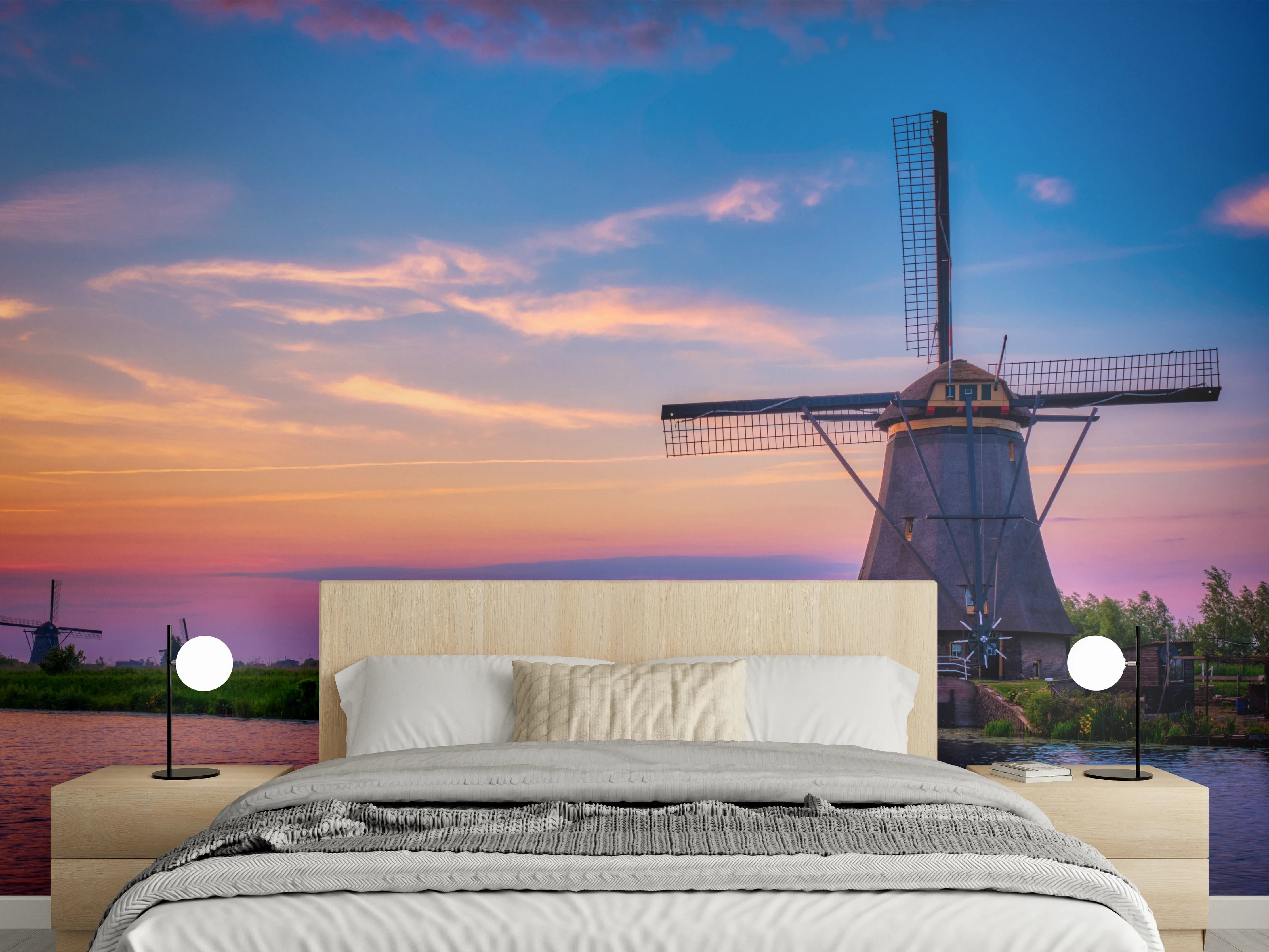 Wandverkleidung Schlafzimmer - Romantische Windmühle am Sonnenuntergang