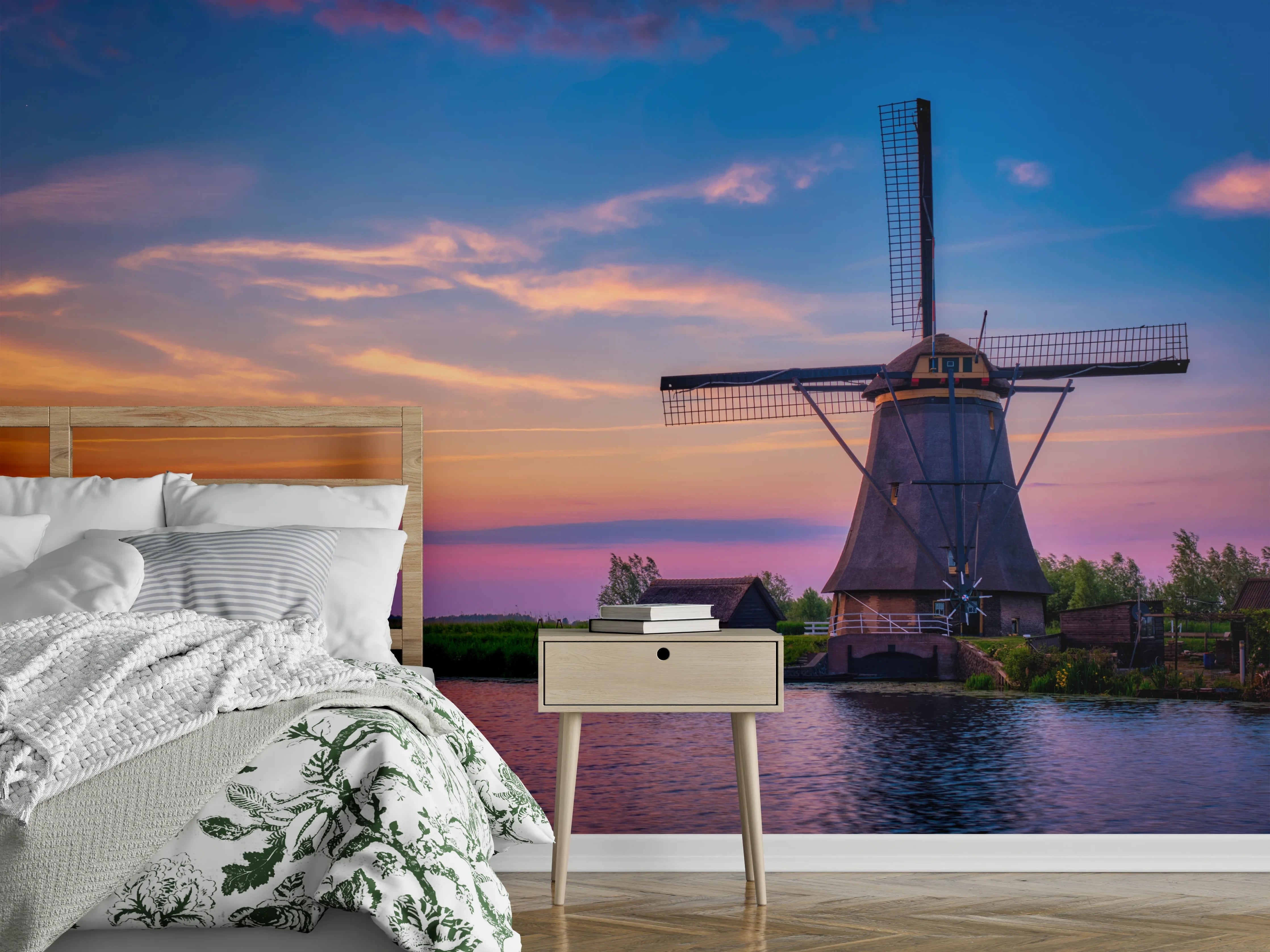 Wandverkleidung Schlafzimmer - Romantische Windmühle am Sonnenuntergang