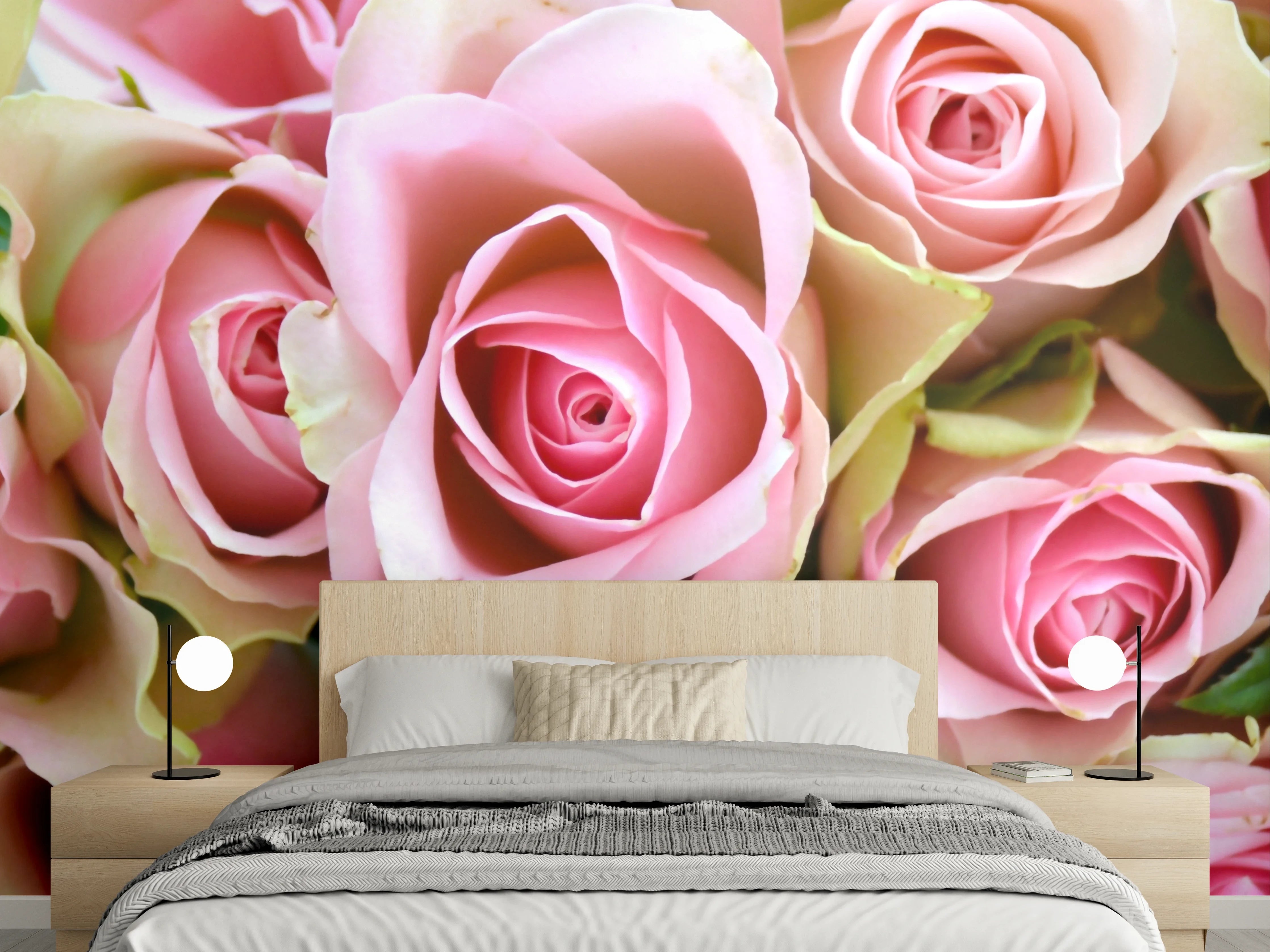 Wandverkleidung Schlafzimmer - Romantische rosa Rosenblüten Nahaufnahme