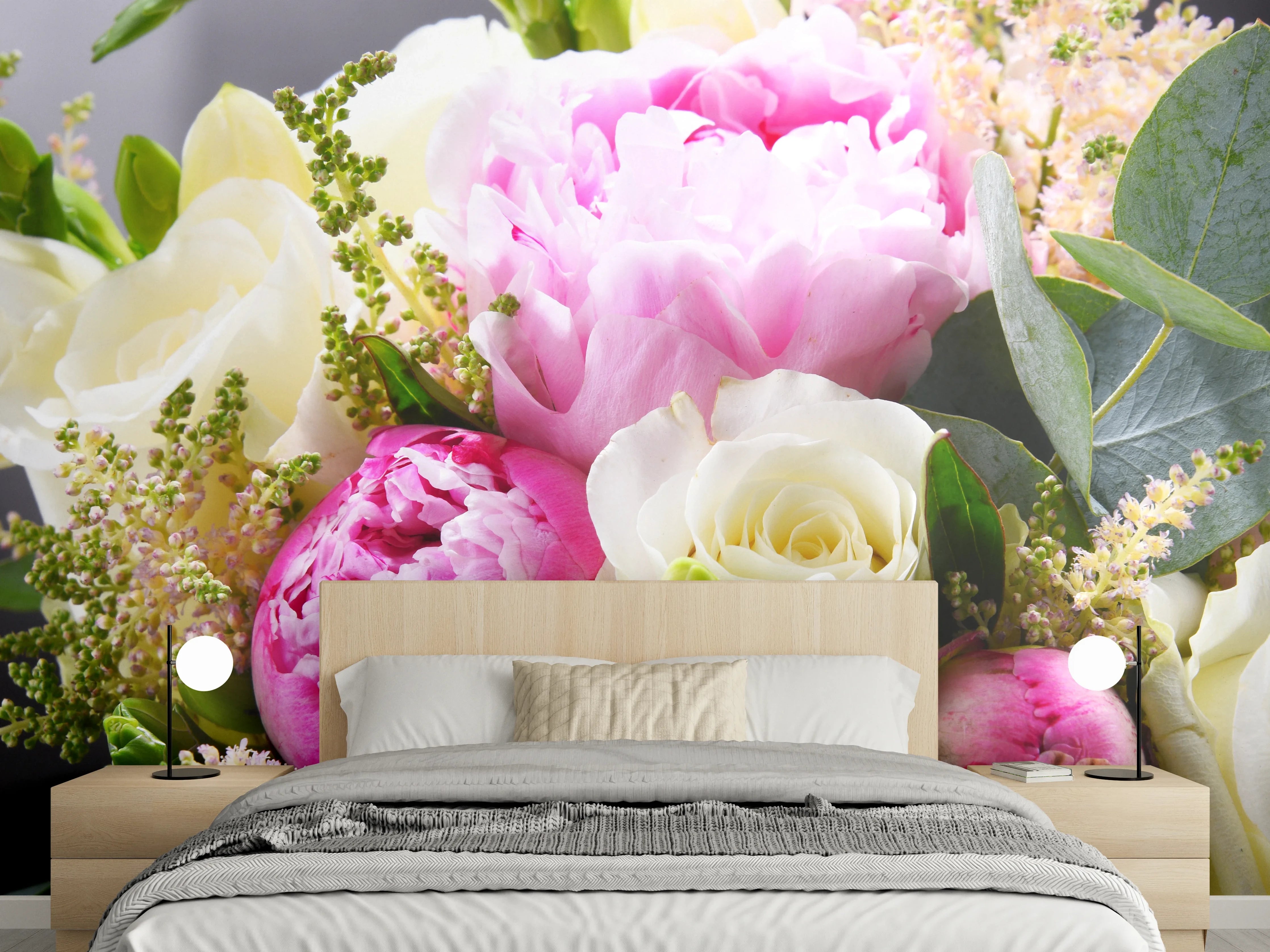 Wandverkleidung Schlafzimmer - Romantischer Blumenstrauß in Pastellfarben