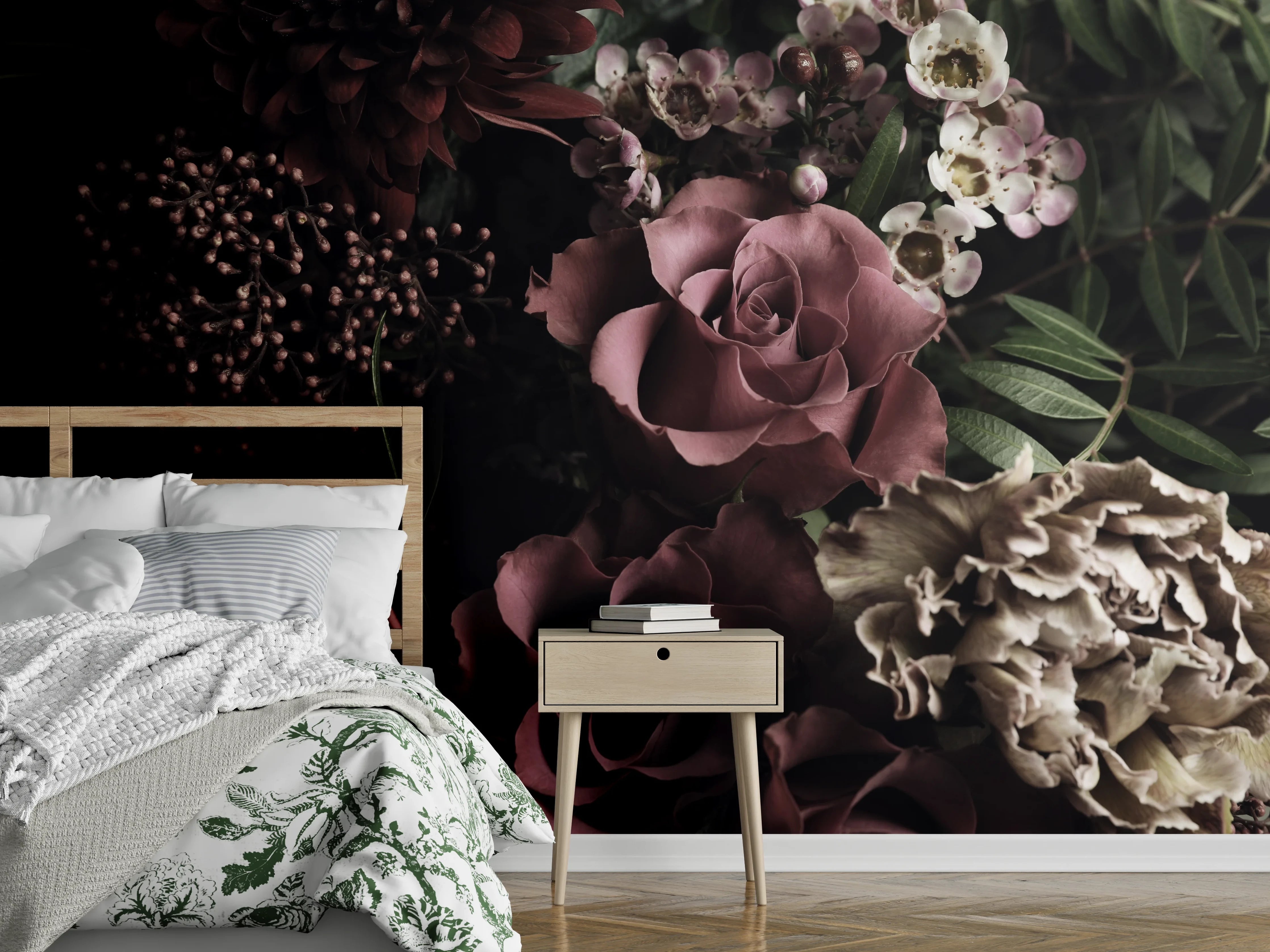 Wandverkleidung Schlafzimmer - Romantisches Blumenbouquet Vintage Look