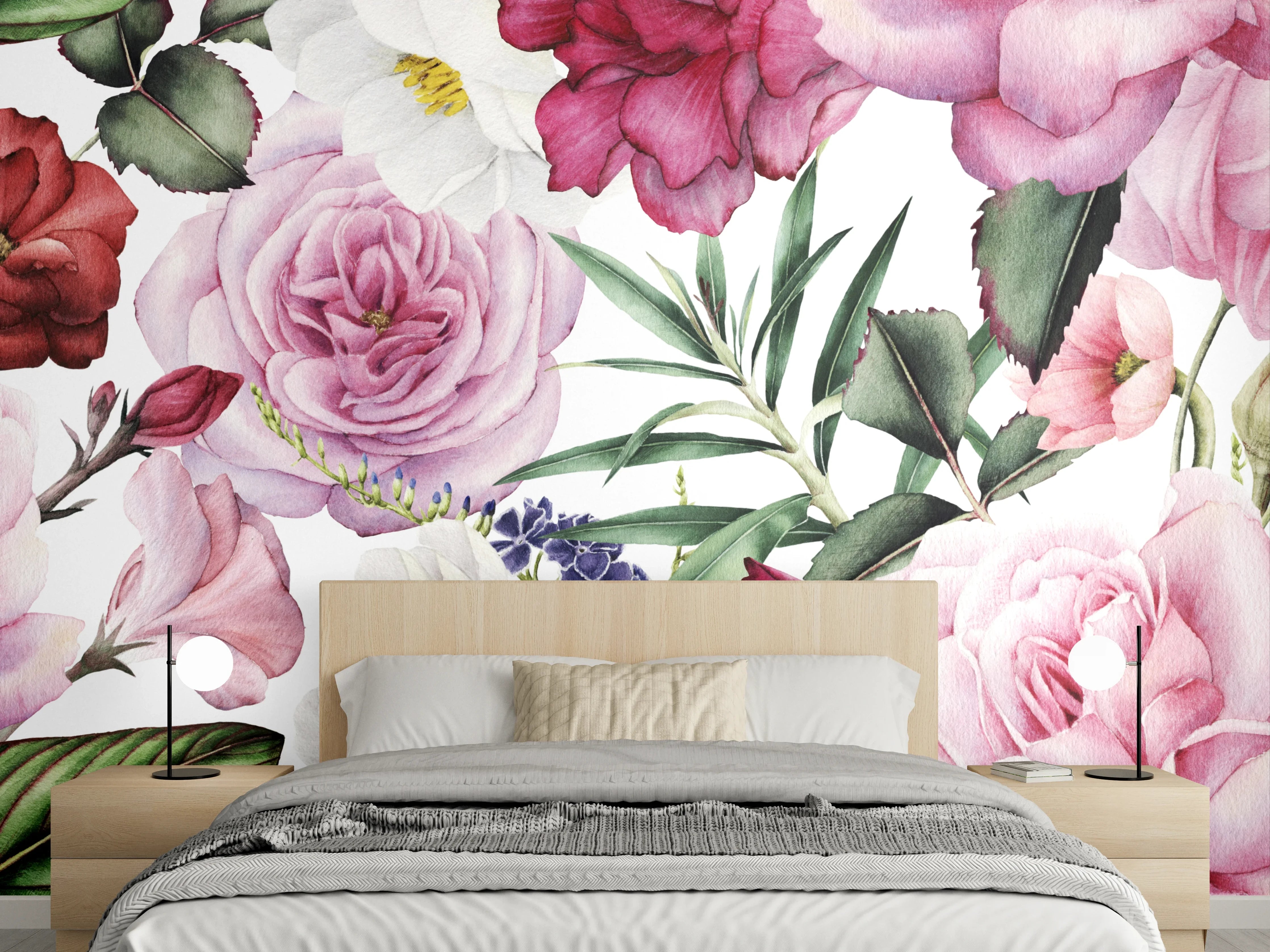 Wandverkleidung Schlafzimmer - Romantisches Blumenmuster Aquarell Wandbild