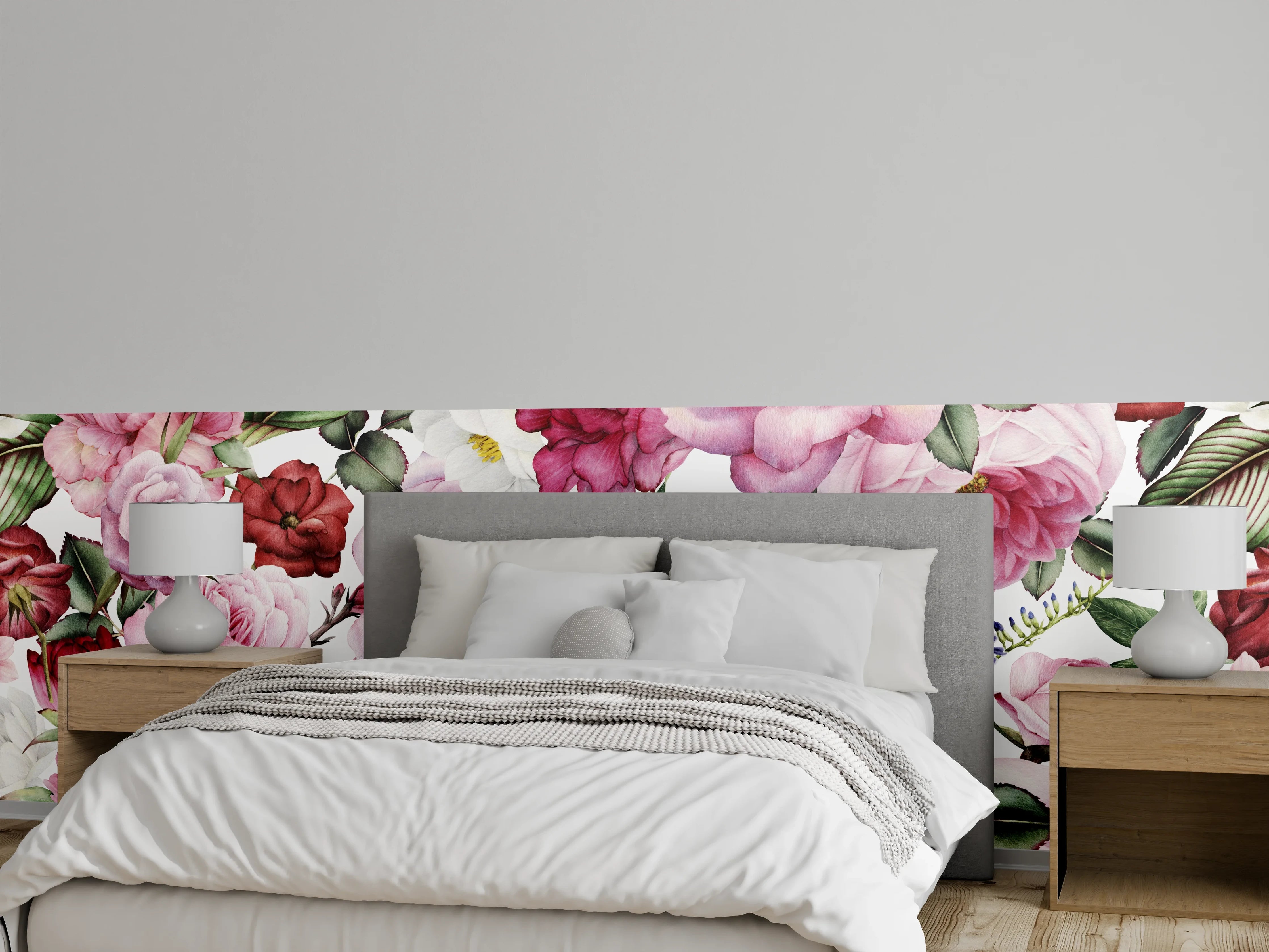 Wandverkleidung Schlafzimmer - Romantisches Blumenmuster Aquarell Wandbild