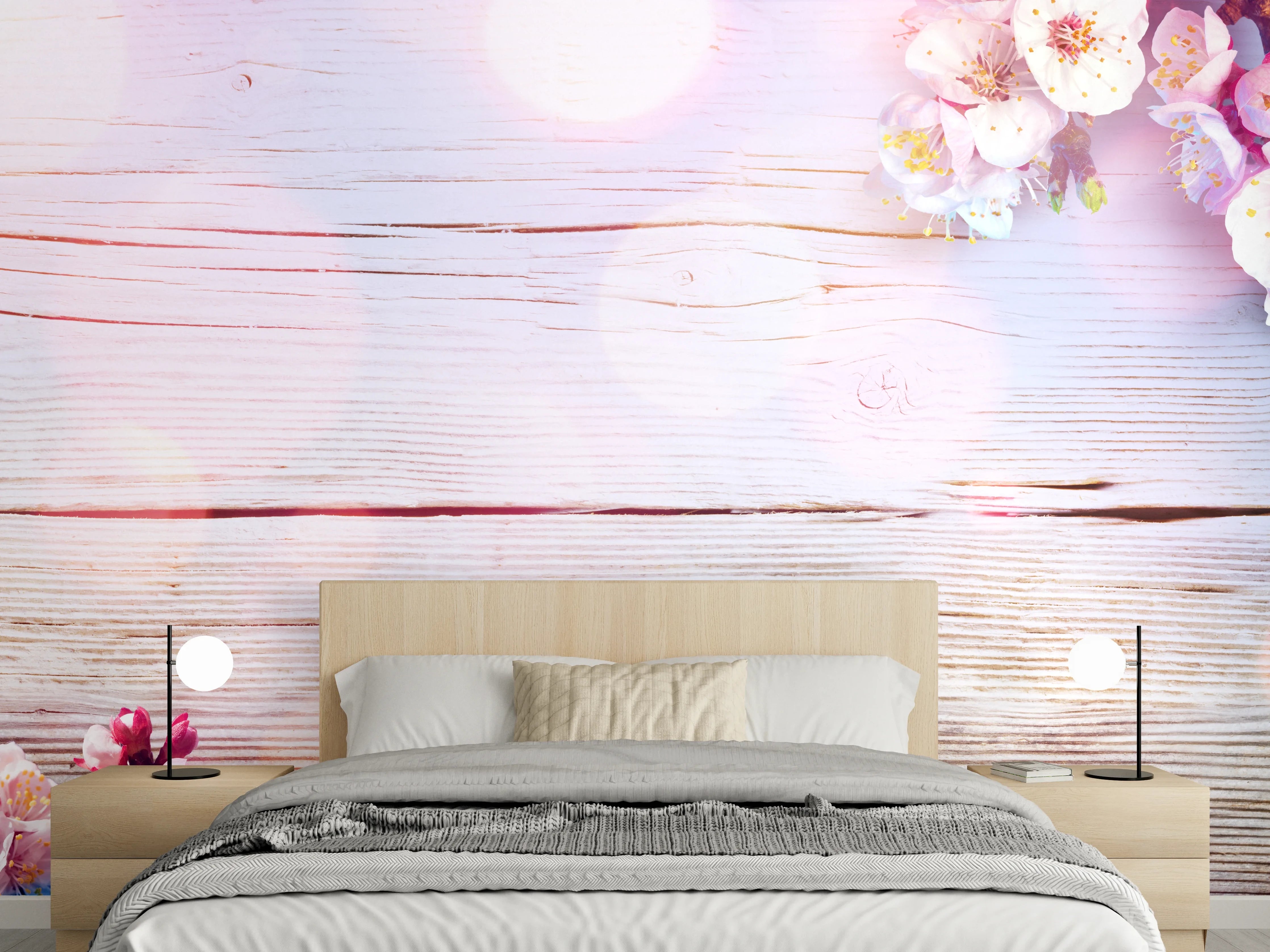 Wandverkleidung Schlafzimmer - Rosa Blüten auf Holzplatte
