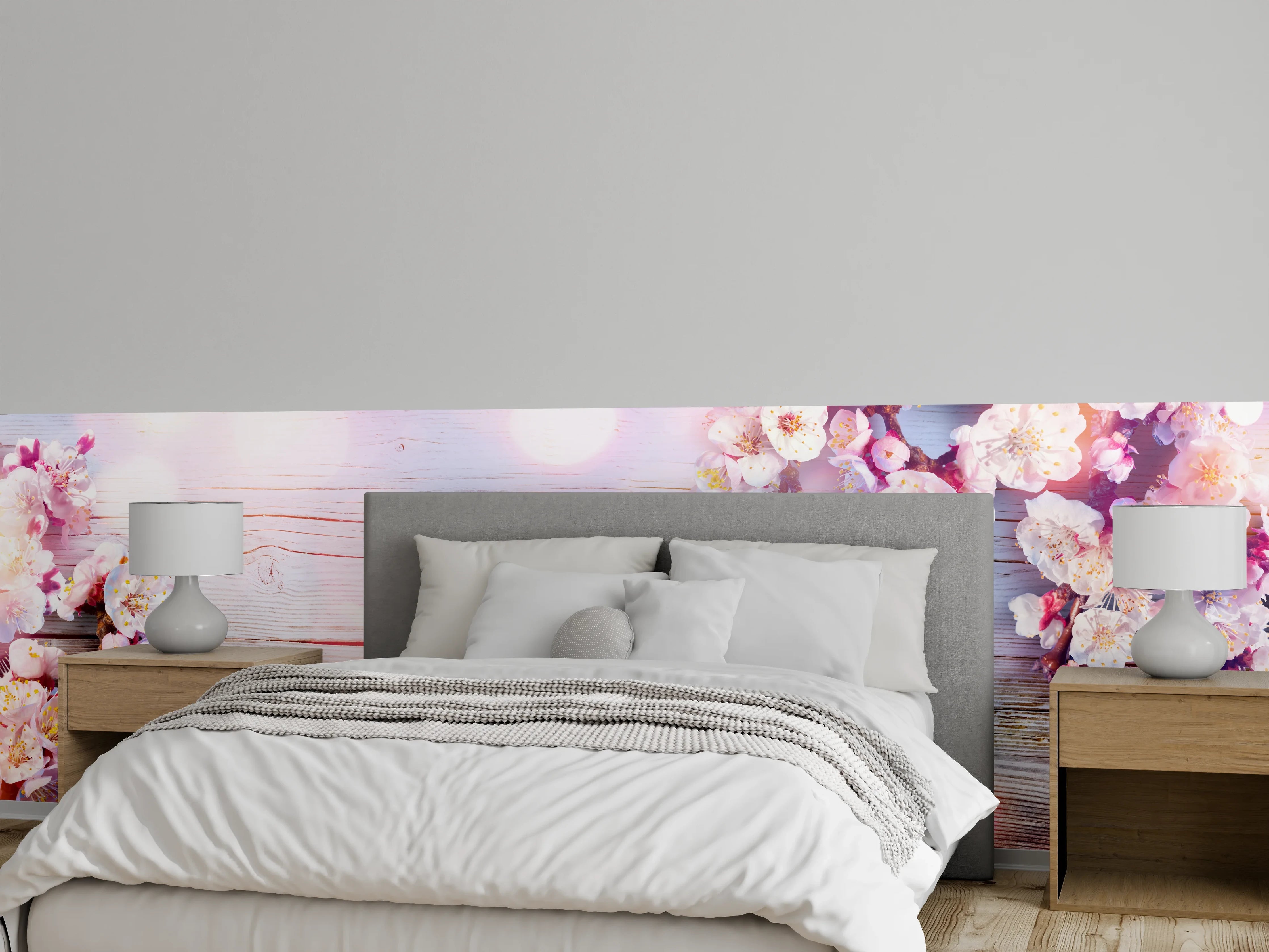 Wandverkleidung Schlafzimmer - Rosa Blüten auf Holzplatte
