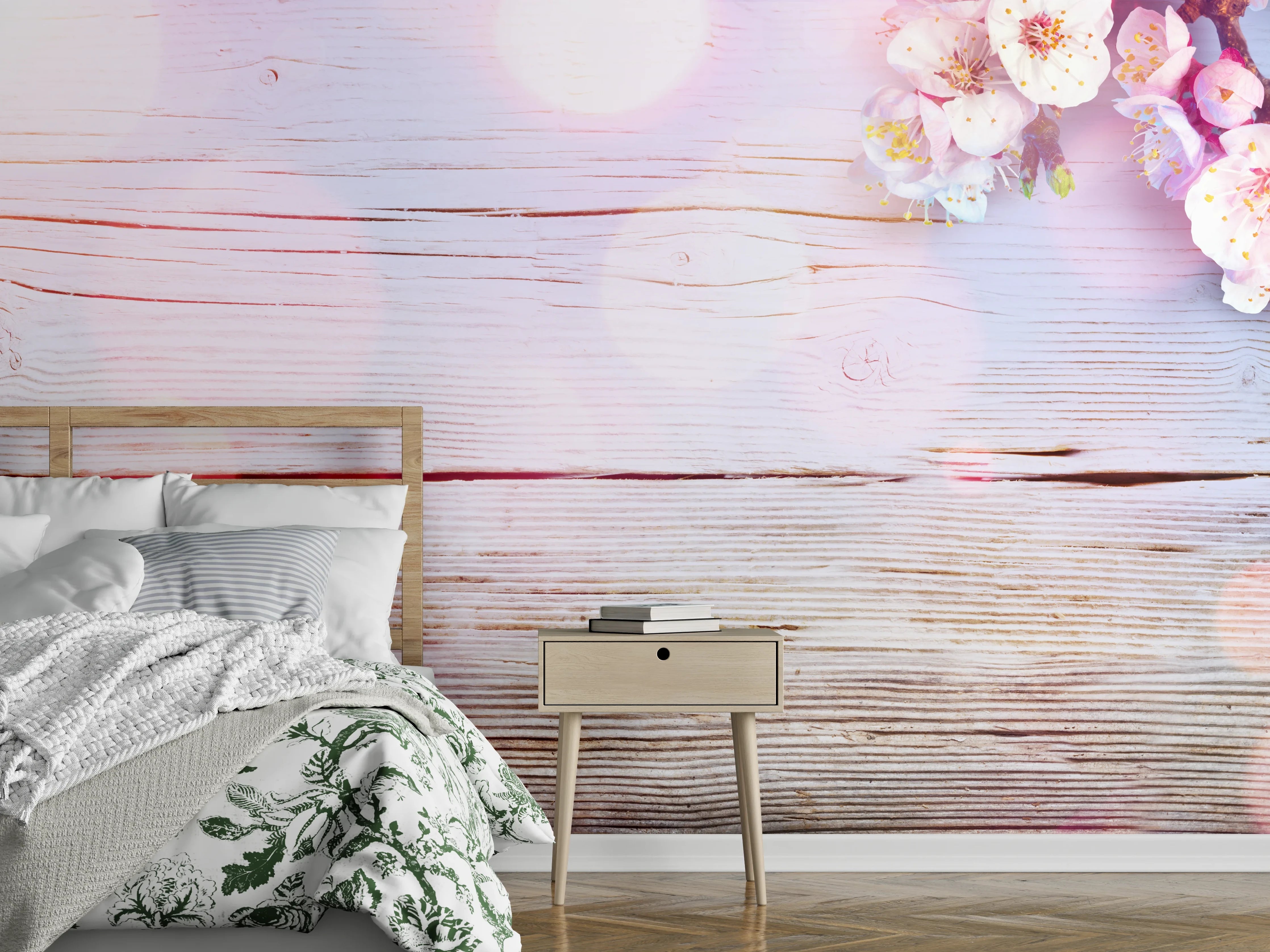 Wandverkleidung Schlafzimmer - Rosa Blüten auf Holzplatte