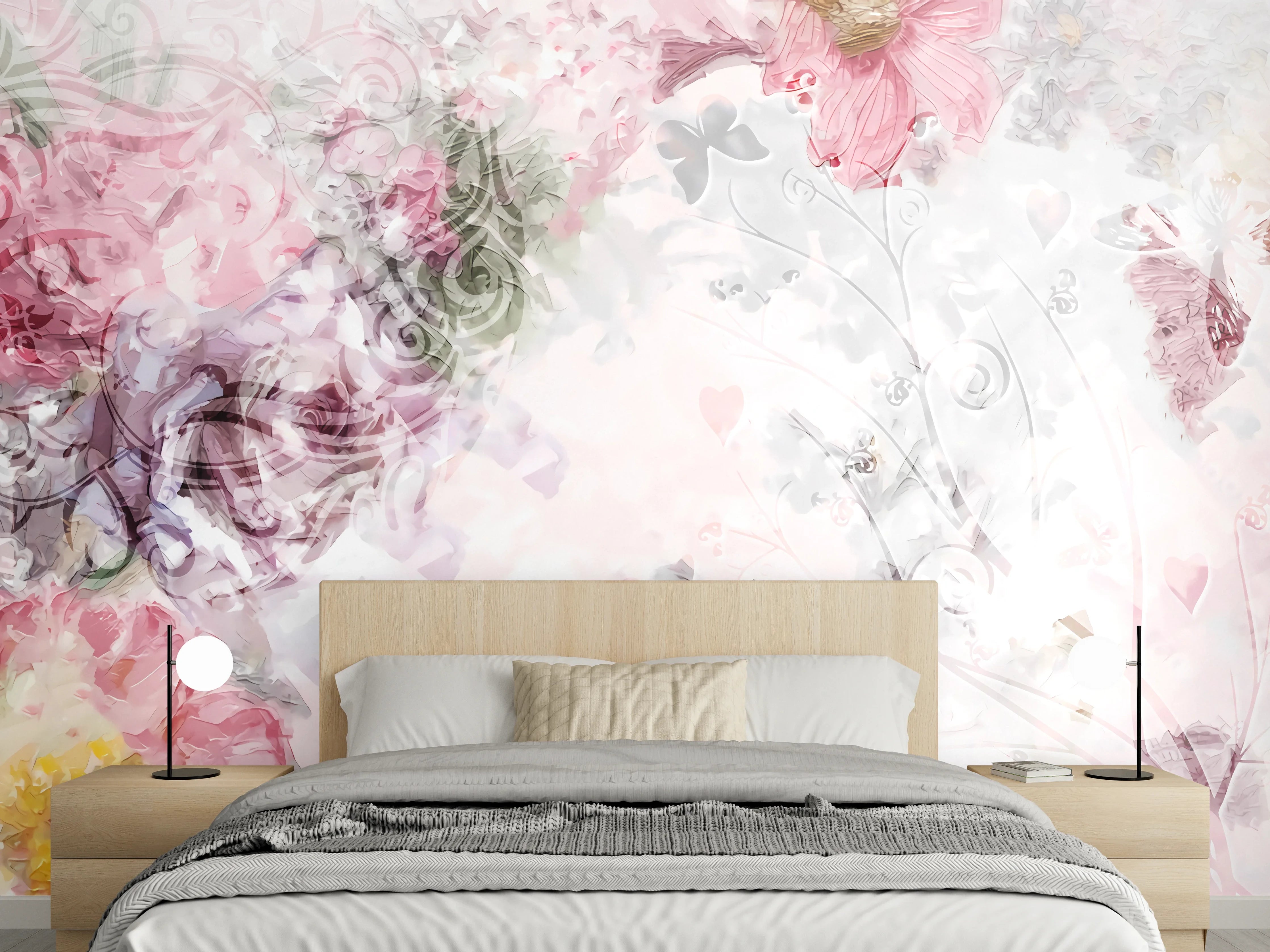 Wandverkleidung Schlafzimmer - Rosa Blumen-Aquarell auf Weiß