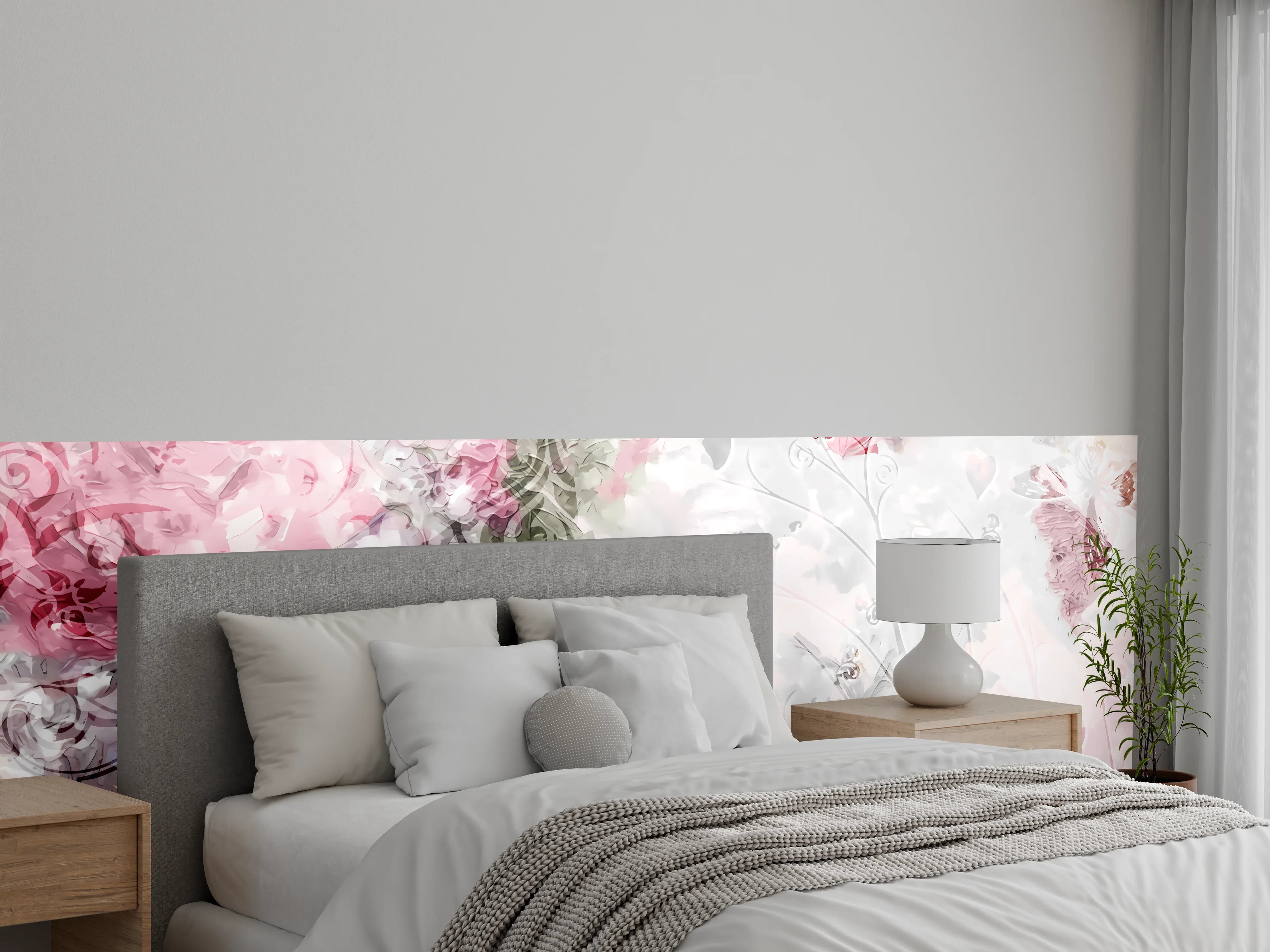 Wandverkleidung Schlafzimmer - Rosa Blumen-Aquarell auf Weiß