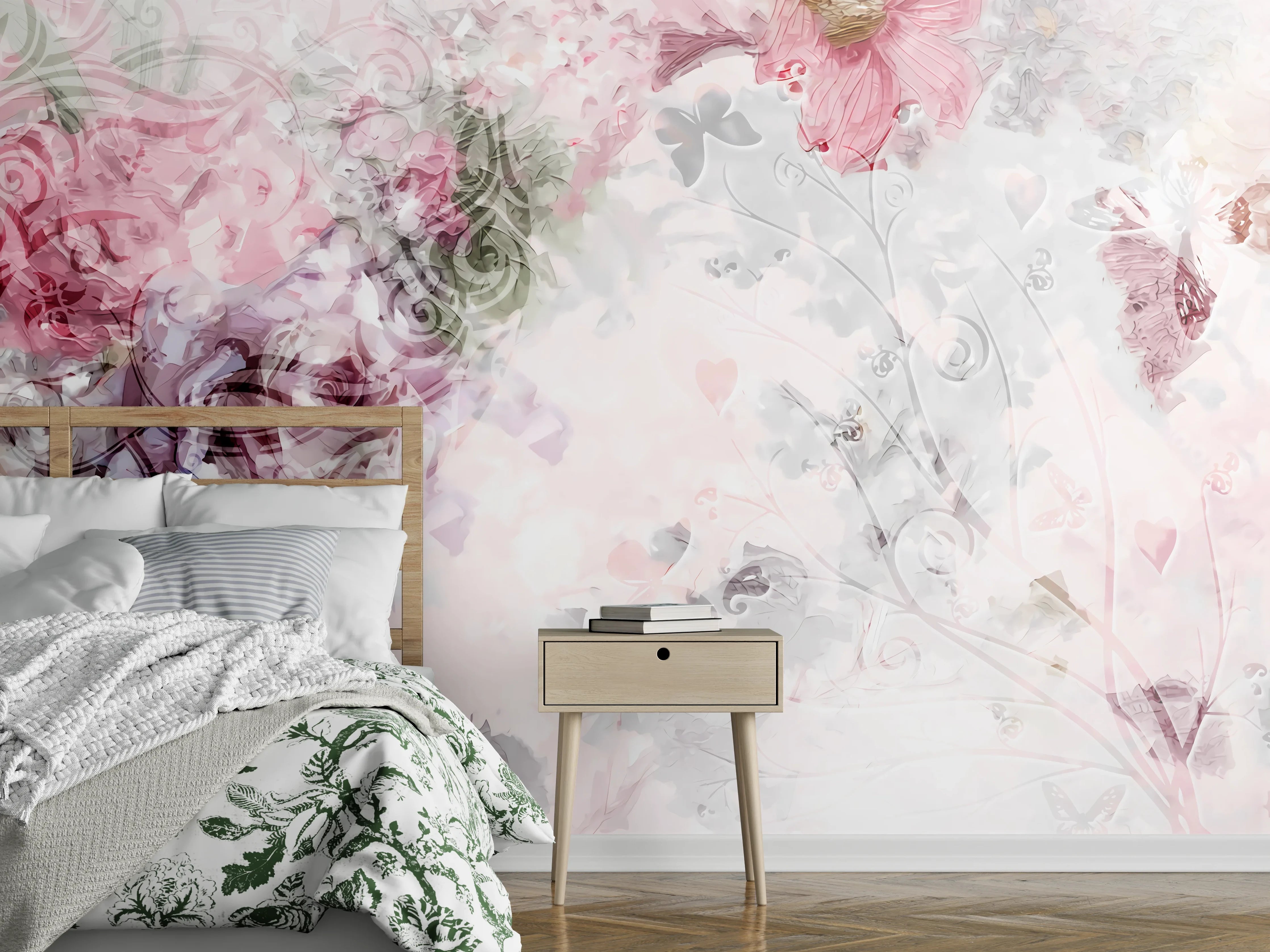 Wandverkleidung Schlafzimmer - Rosa Blumen-Aquarell auf Weiß