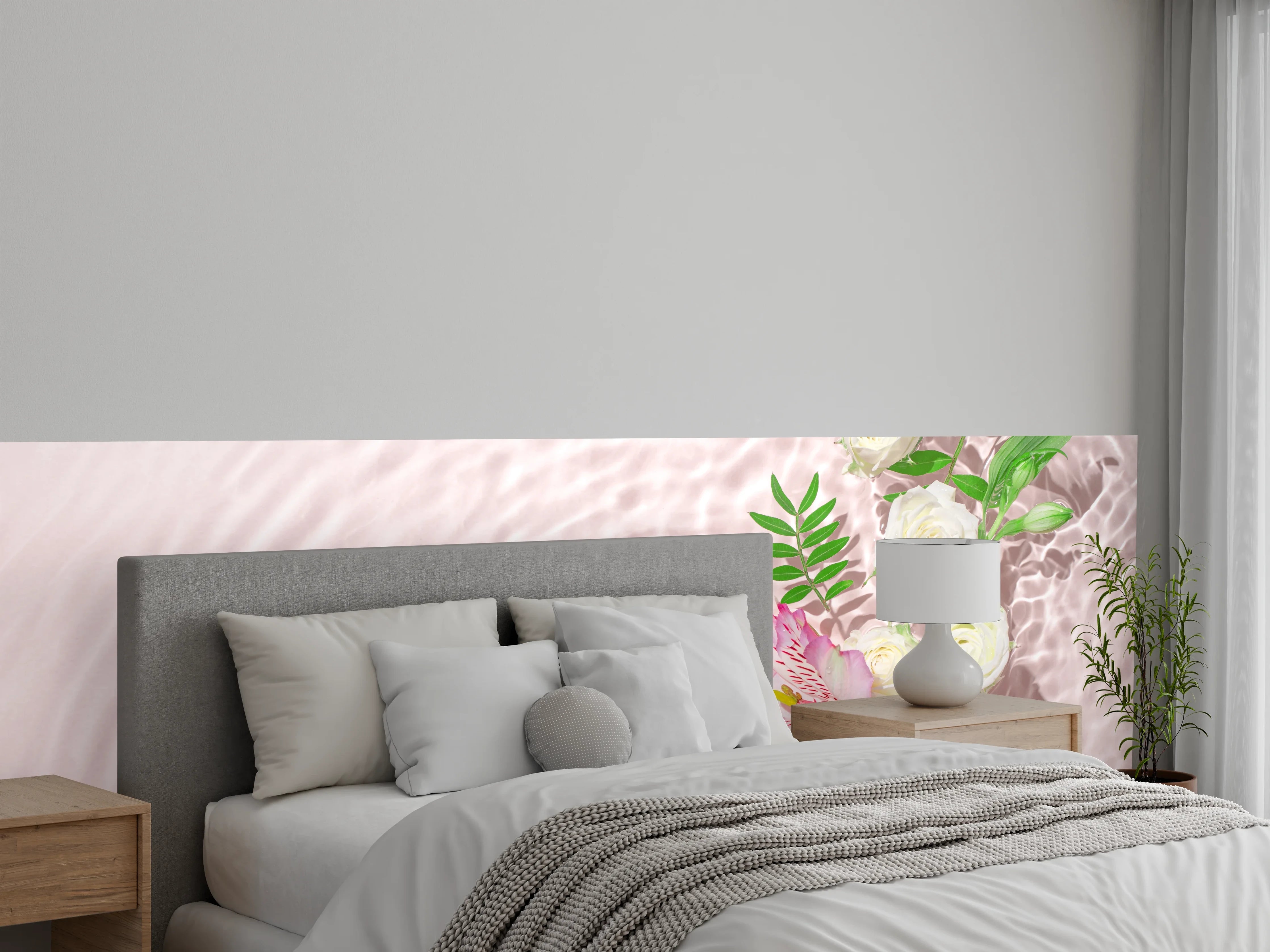 Wandverkleidung Schlafzimmer - Rosa Blumen auf Wasser