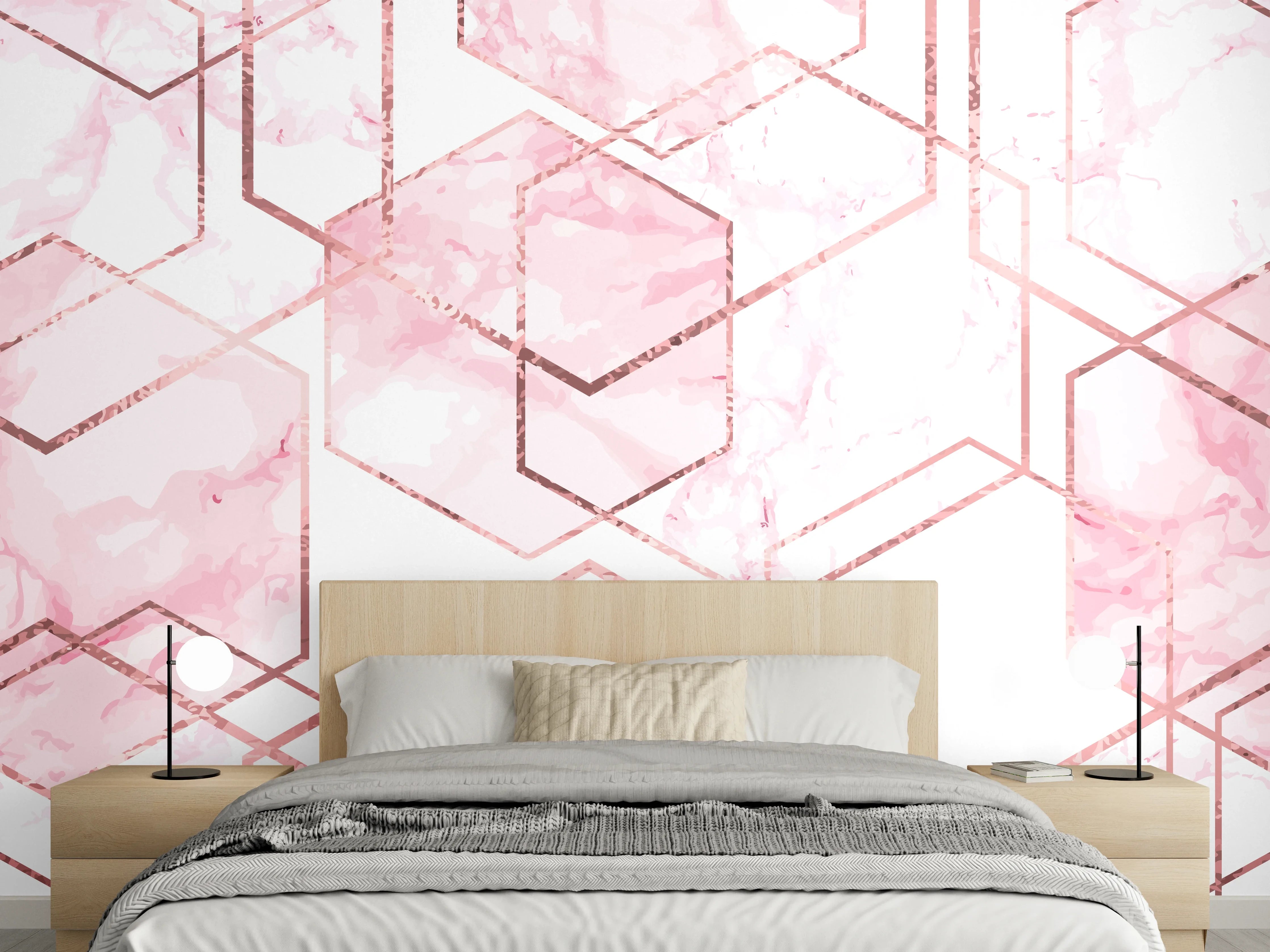 Wandverkleidung Schlafzimmer - Rosa Marmor-Hexagon Muster modern