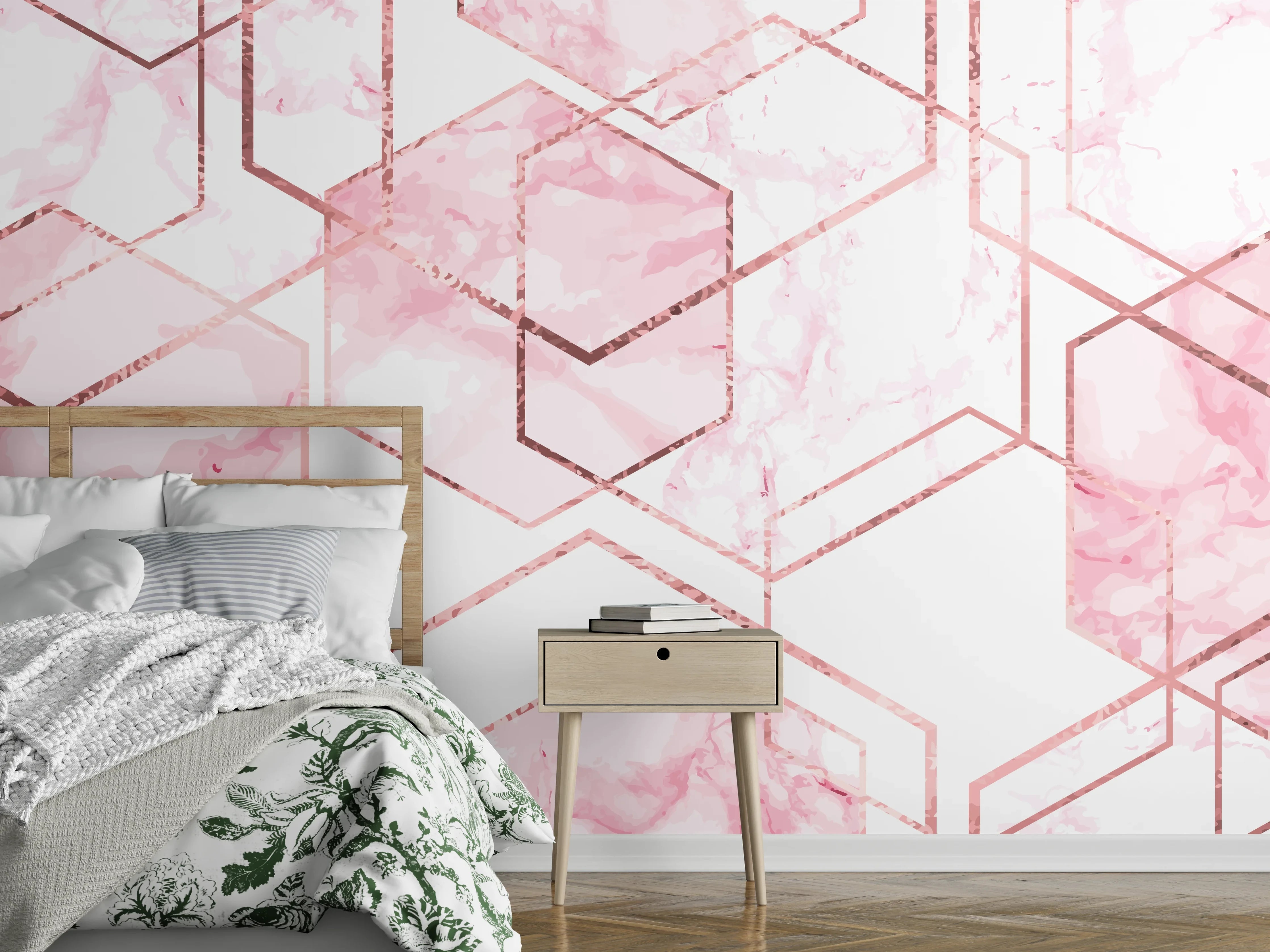 Wandverkleidung Schlafzimmer - Rosa Marmor-Hexagon Muster modern
