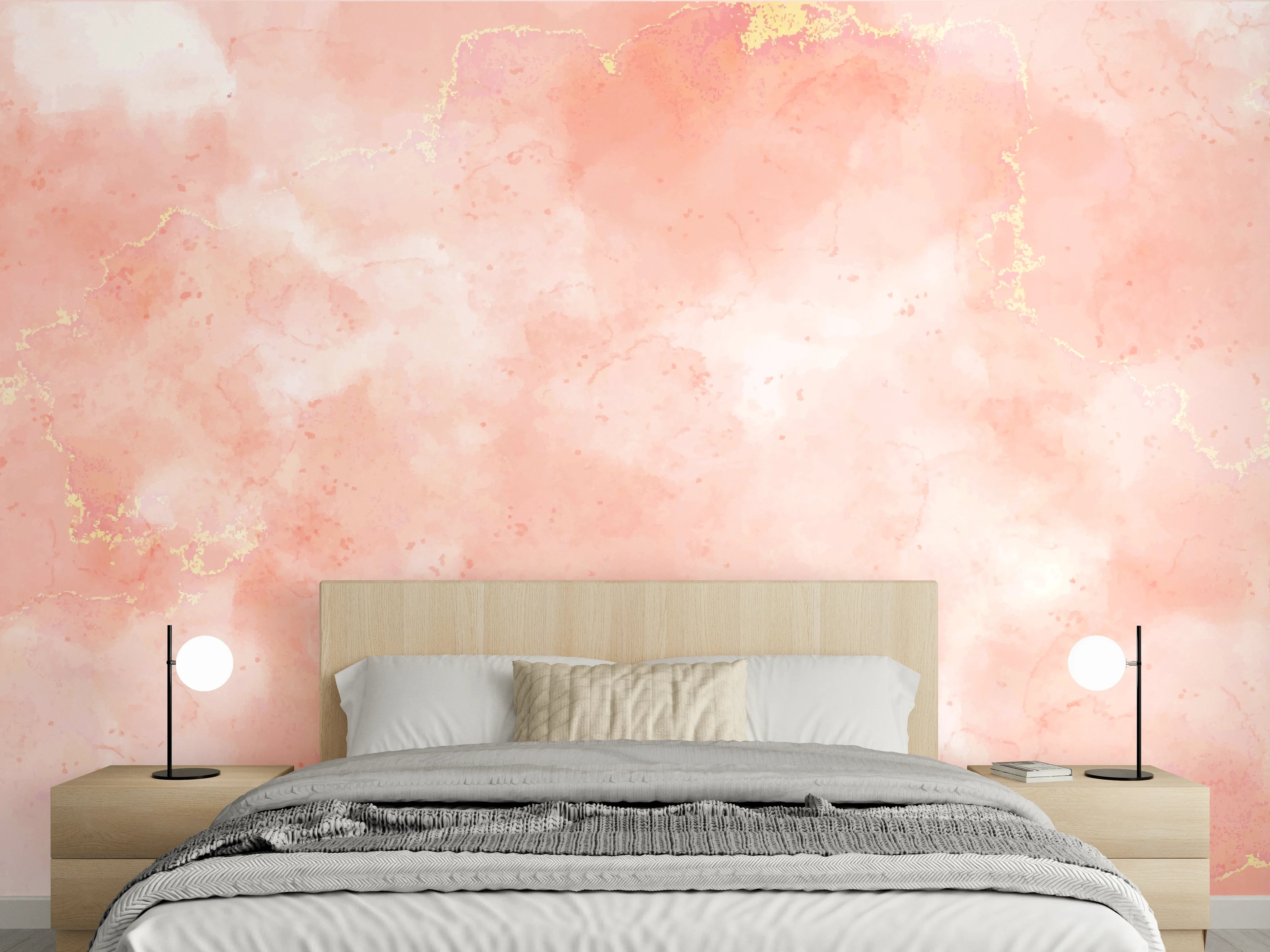 Wandverkleidung Schlafzimmer - Rosa Marmor Textur mit Goldakzenten