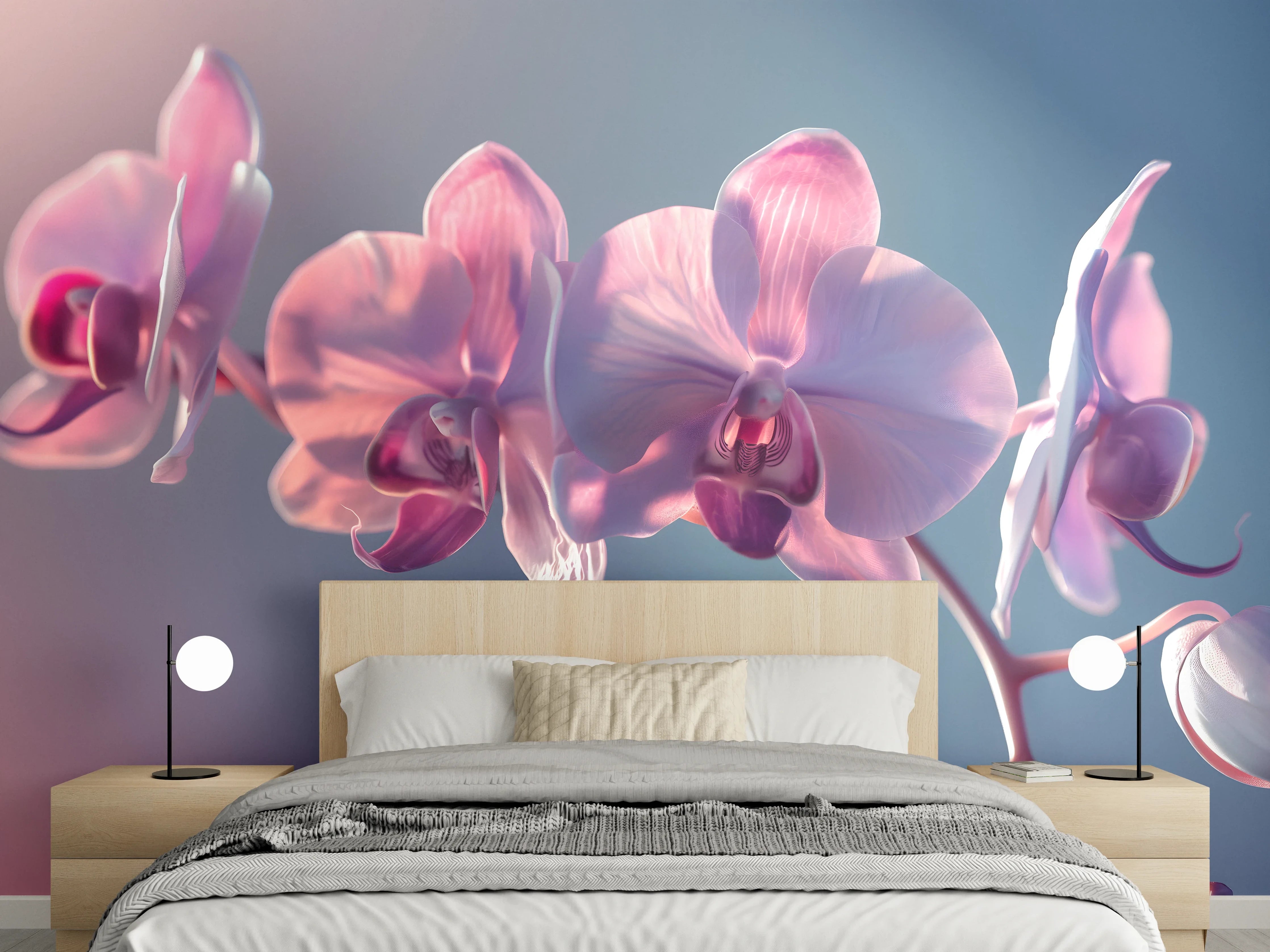 Wandverkleidung Schlafzimmer - Rosa Orchideen auf Blau