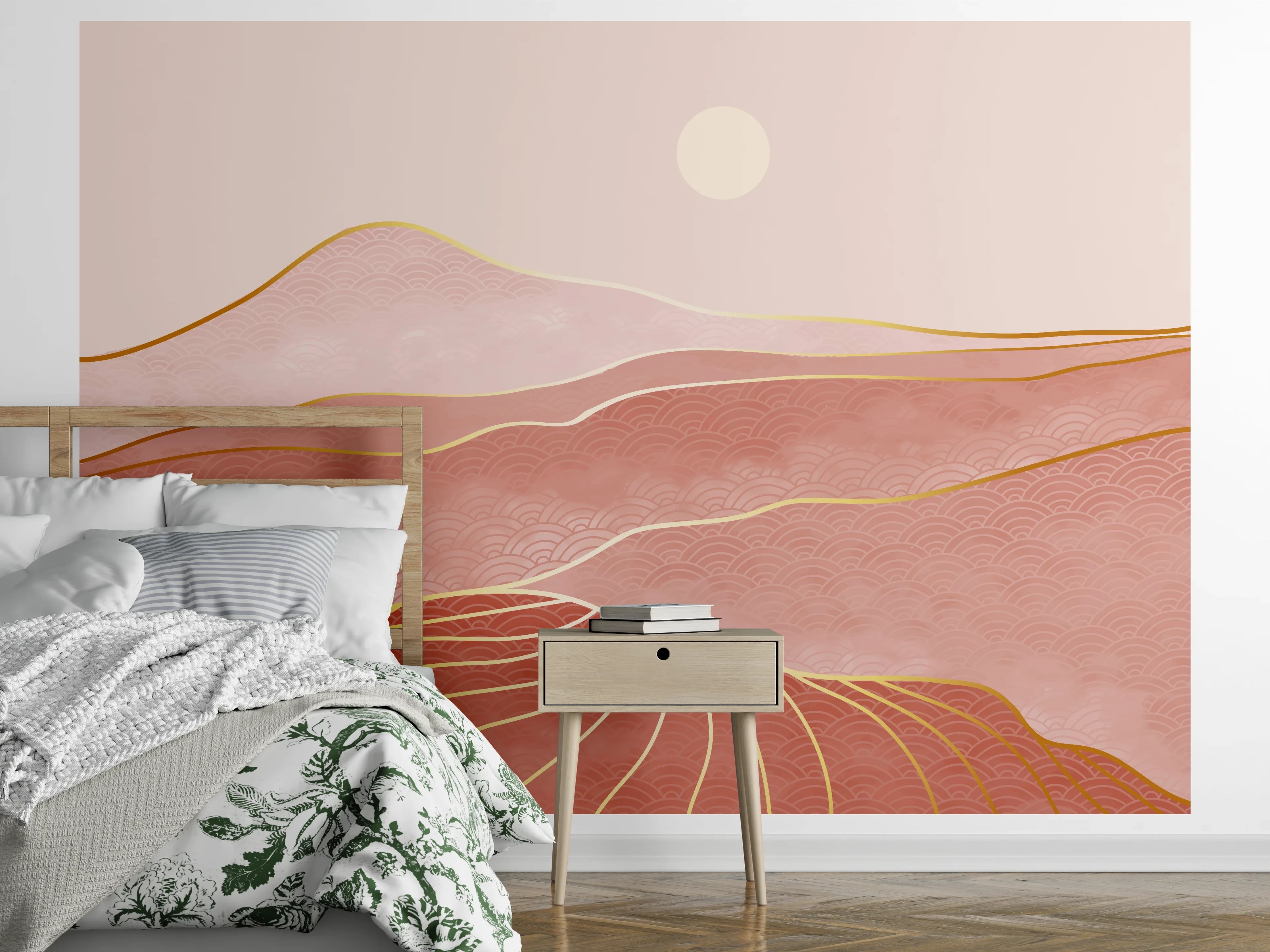 Wandverkleidung Schlafzimmer - Roségoldene abstrakte Landschaft