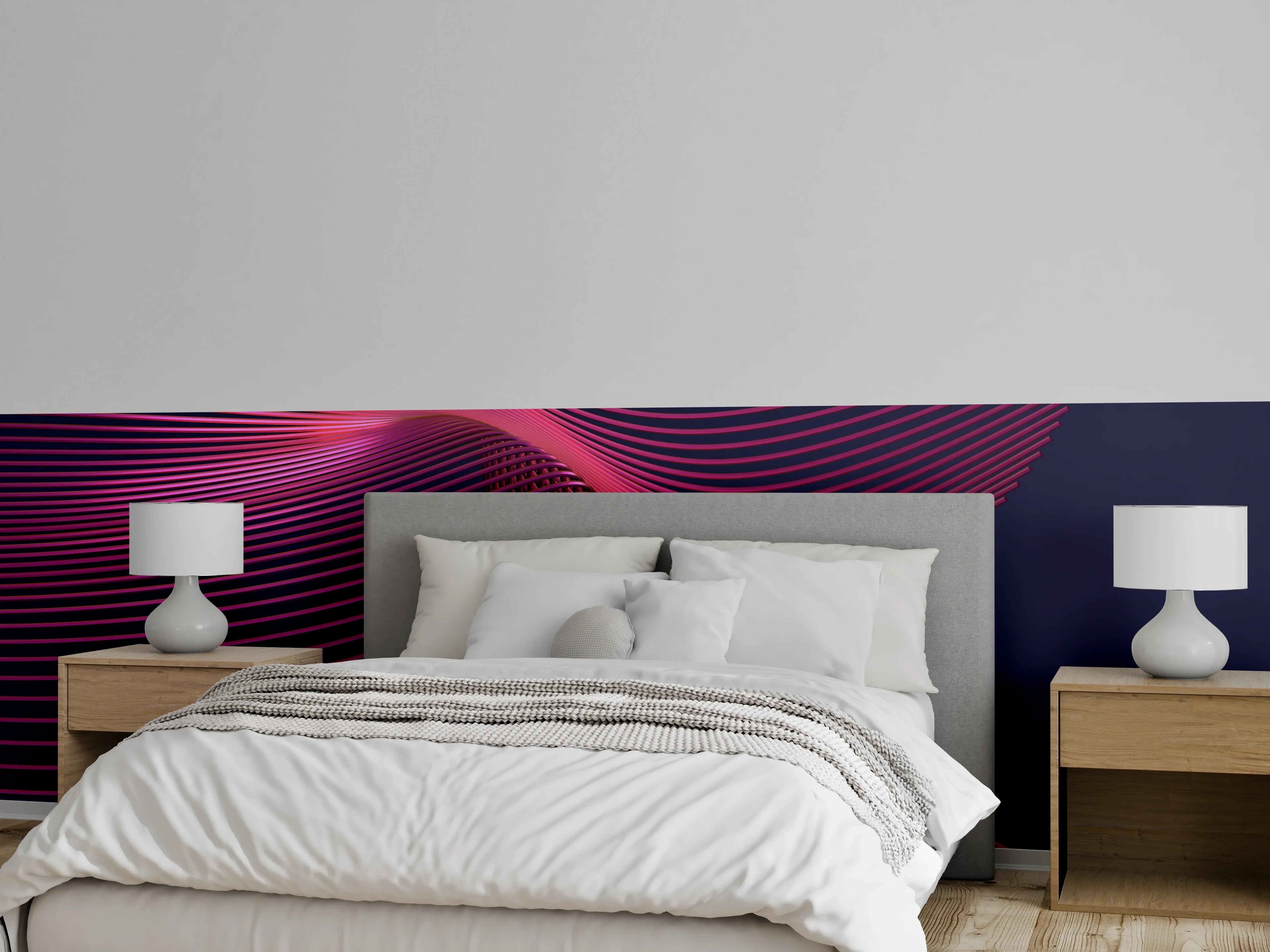 Wandverkleidung Schlafzimmer - Roségraue Linien vor Mitternachtsblau