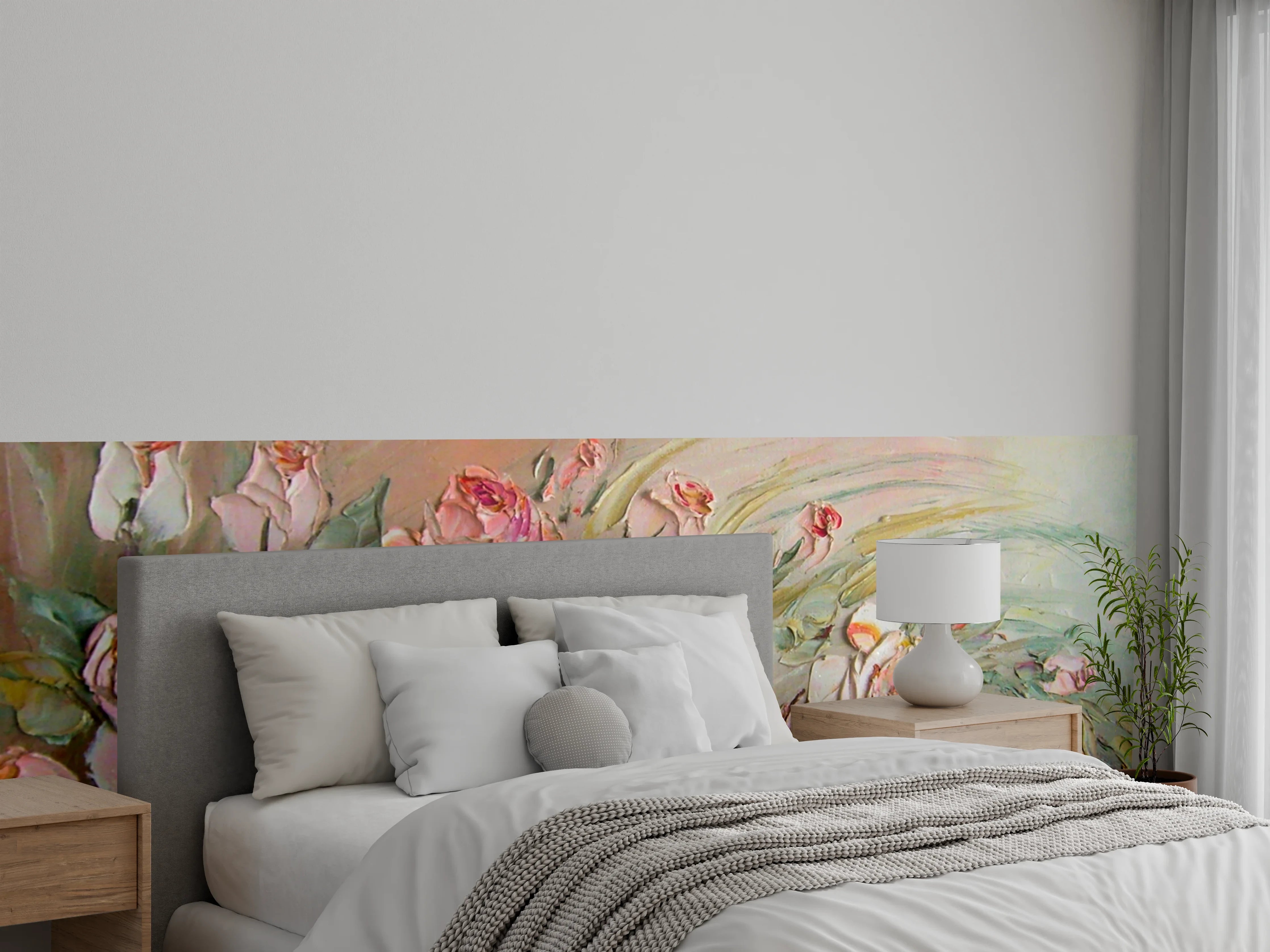Wandverkleidung Schlafzimmer - Rosenmalerei zartrosa Aquarell Wandbild