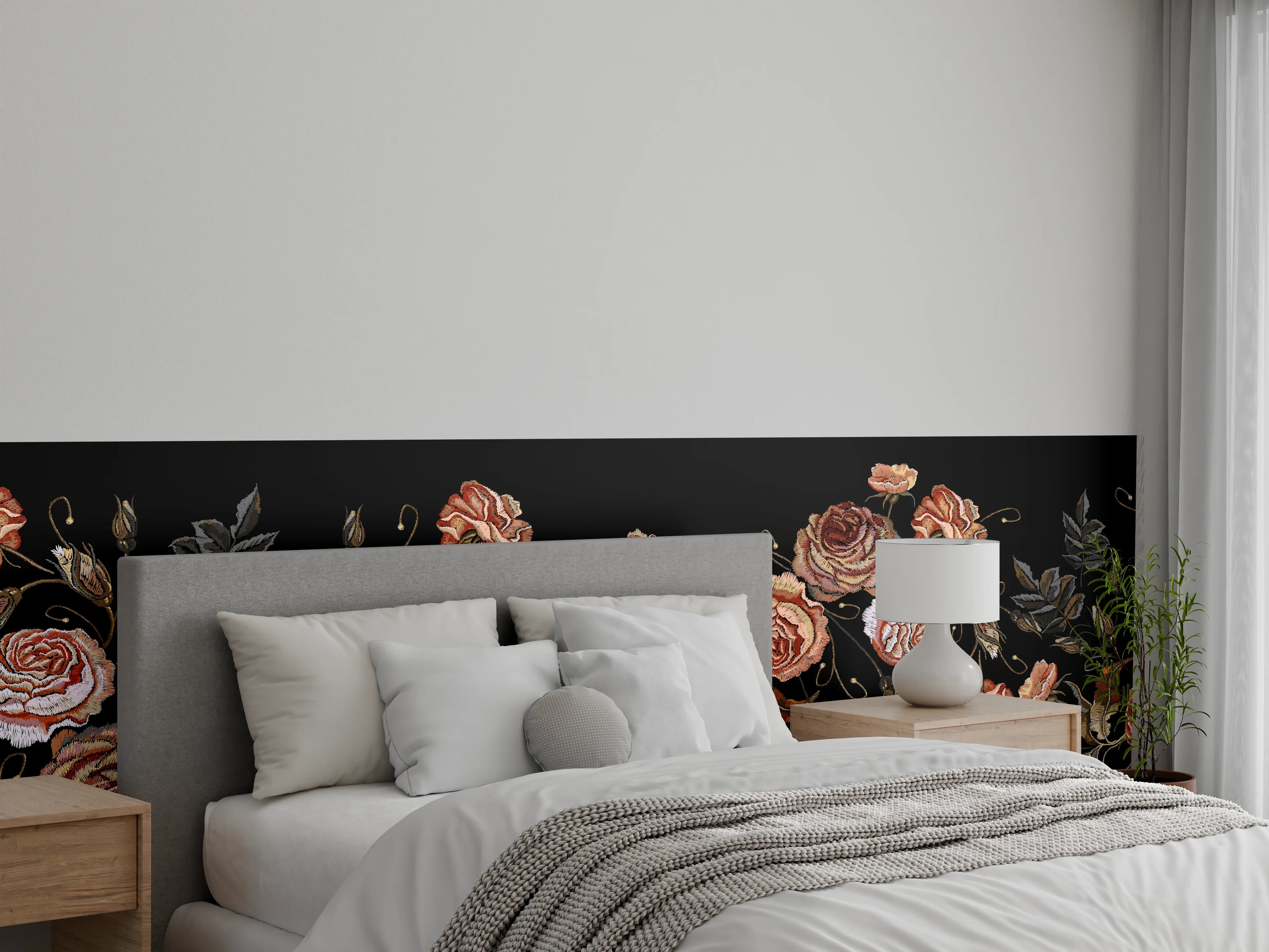 Wandverkleidung Schlafzimmer - Rosenstickerei Renaissance Schwarz
